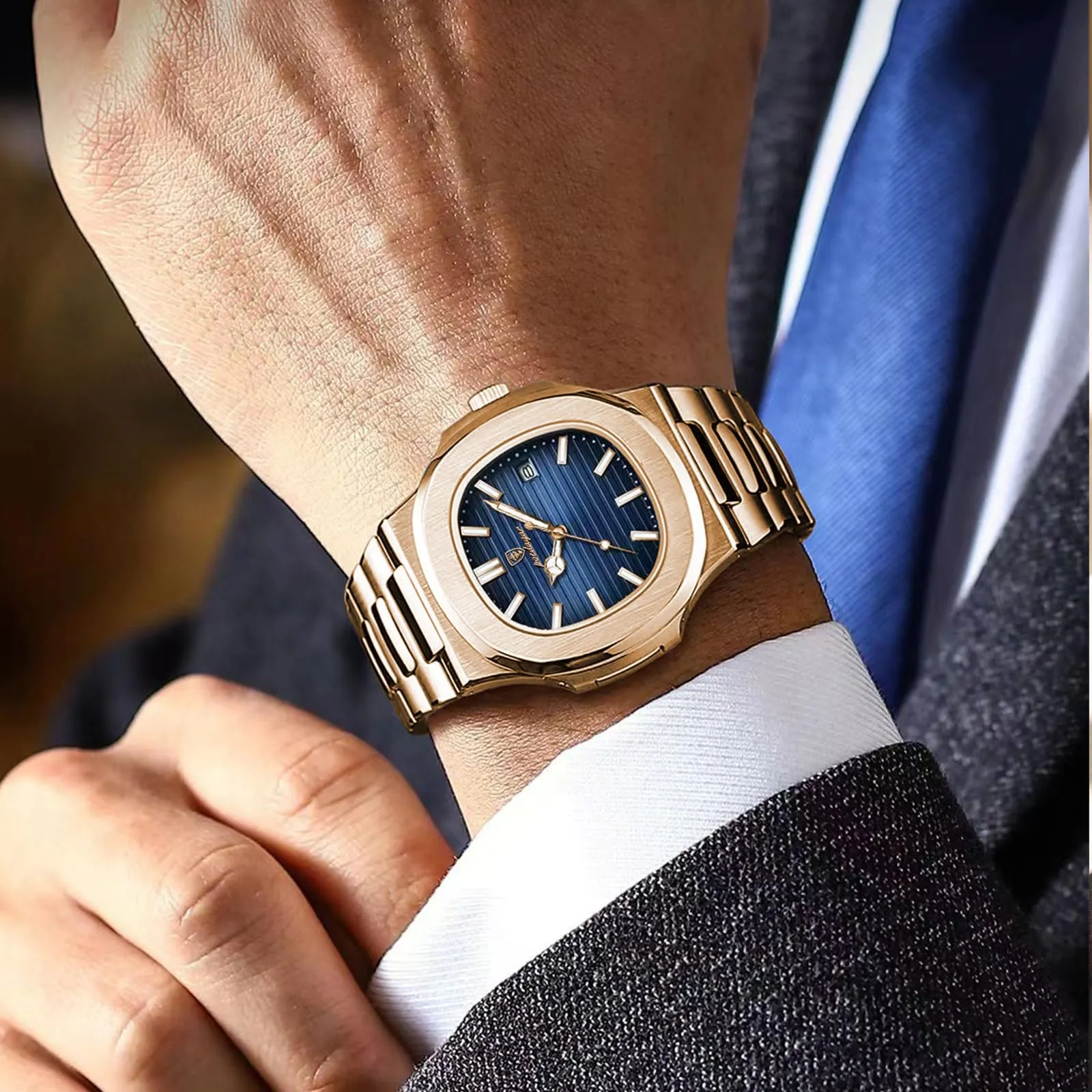 Poedagar - Orologio da uomo alla moda, da polso, da business, in acciaio inossidabile, al quarzo, impermeabile, luminoso, con data, quadrante quadrato, Bracciale - immagine 4