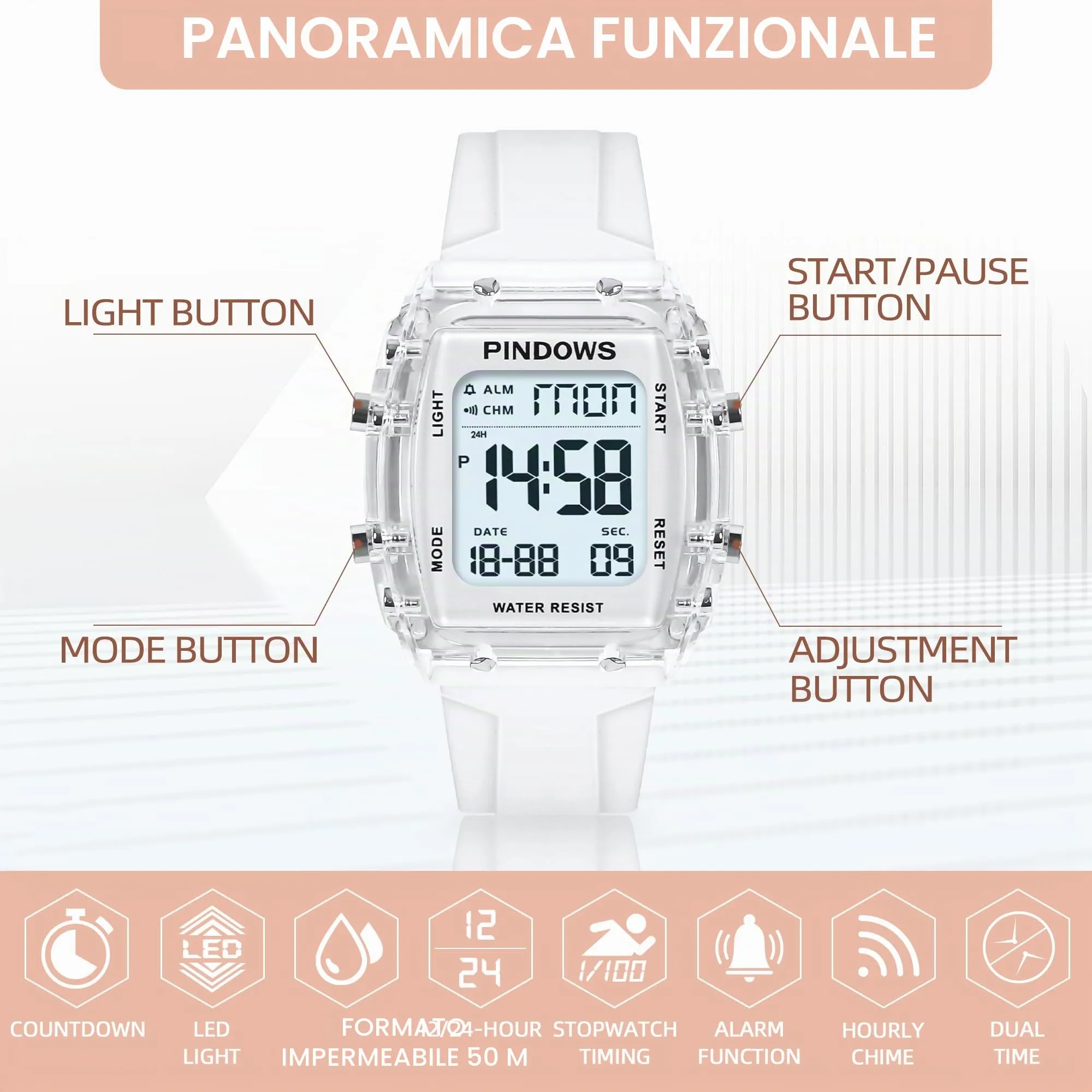 Donna Orologio per Donna Adolescenti Orologio sportivo Digitale Orologi Studenti Orologi Impermeabili con Allarme Cronometro Conto Alla Rovescia Dual-Time Suoneria Oraria Funzione Alta Luminosità Luce - immagine 2