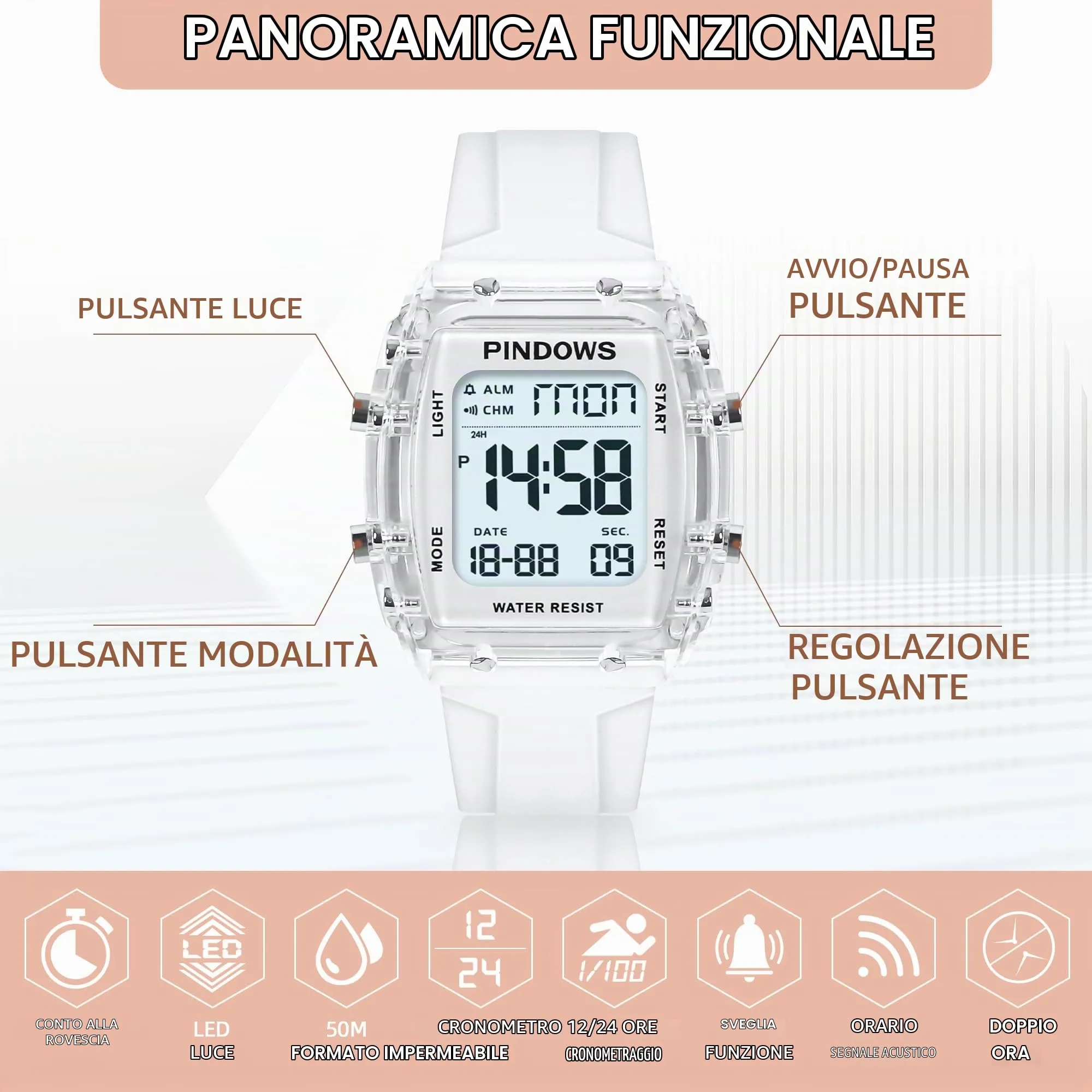 Donna Orologio per Donna Adolescenti Orologio sportivo Digitale Orologi Studenti Orologi Impermeabili con Allarme Cronometro Conto Alla Rovescia Dual-Time Suoneria Oraria Funzione Alta Luminosità Luce - immagine 2