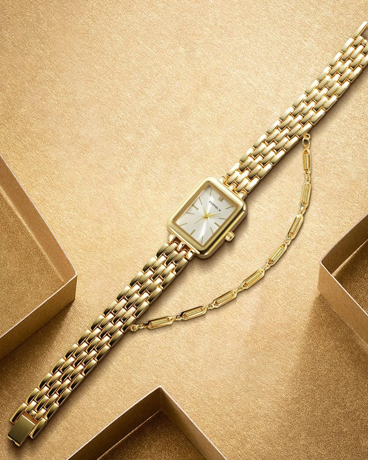 CIVO Orologio Donna Acciaio Oro: Lusso Quadrato Orologi da Polso Analogico Impermeabile Quarzo - Elegante Classico Affari Set Regalo per Donna - immagine 3