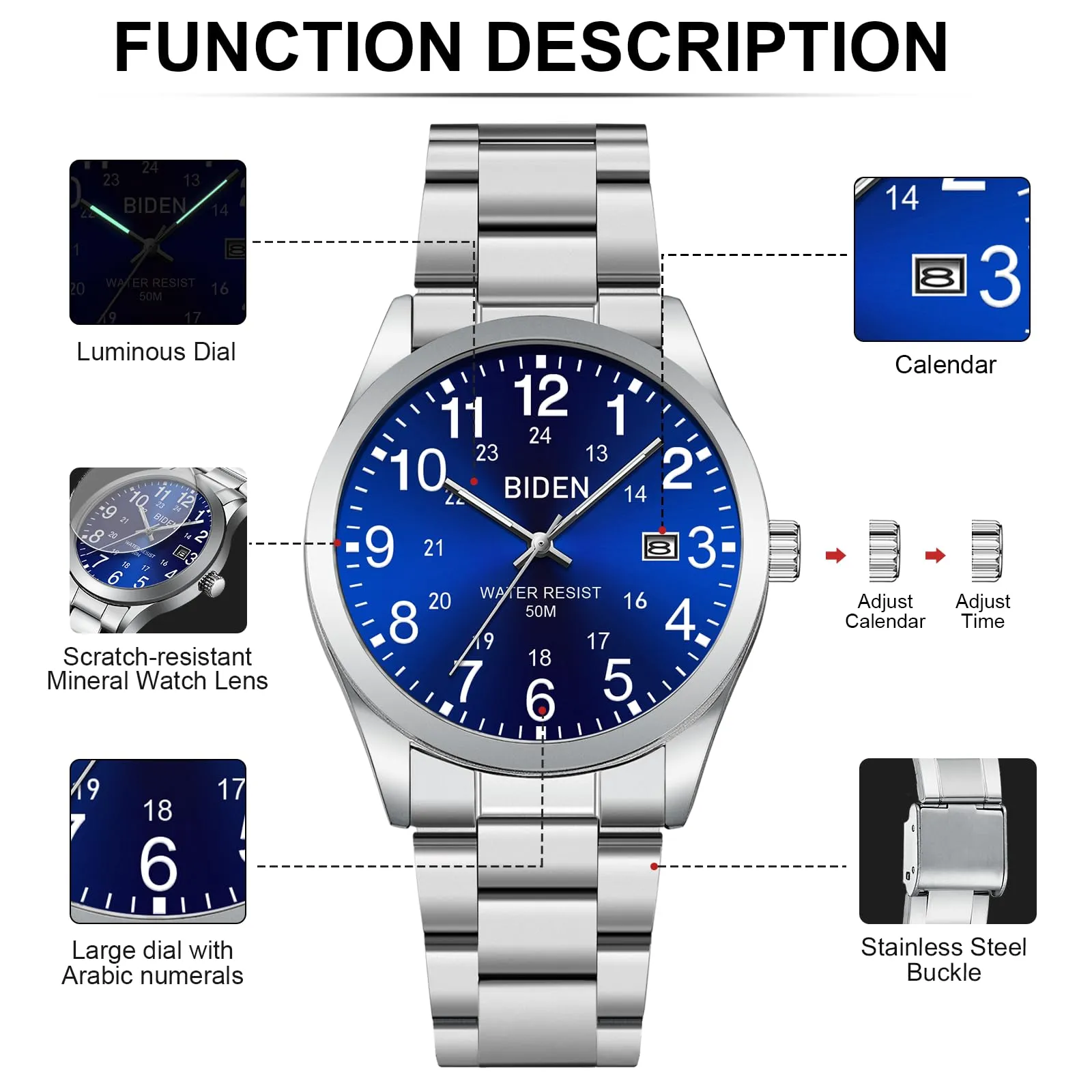 LN LENQIN Orologio Uomo Acciaio Inox Analogico Quarzo Impermeabile Datario - immagine 8