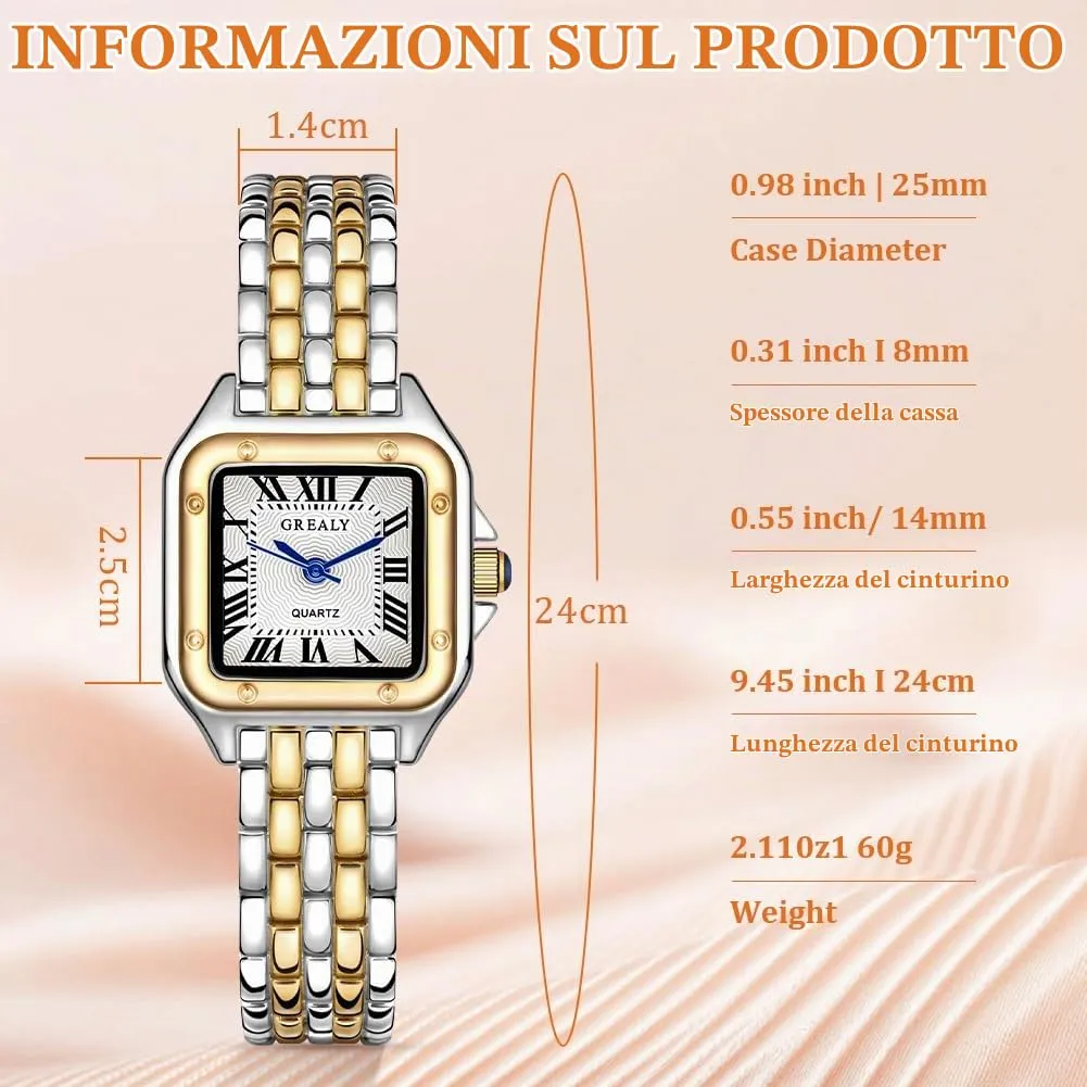 AOOSU Orologio da Donna, Orologio Donna Piccolo, Orologios Analogico al Quarzo con Cinturino in Acciaio, Cassa Rettangolare Quadrante Romano (Oro e Argento) - immagine 2