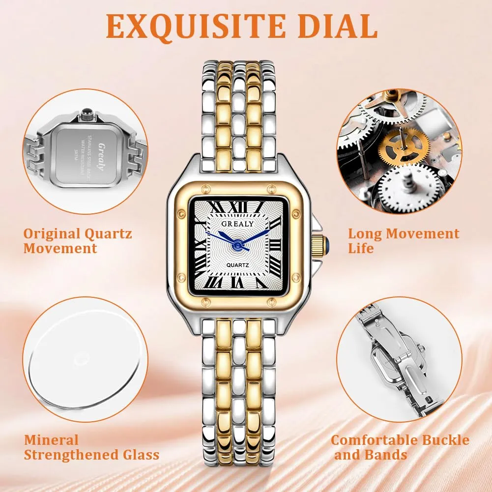 AOOSU Orologio da Donna, Orologio Donna Piccolo, Orologios Analogico al Quarzo con Cinturino in Acciaio, Cassa Rettangolare Quadrante Romano (Oro e Argento) - immagine 3