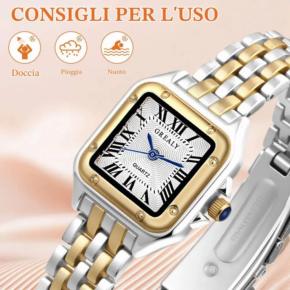 AOOSU Orologio da Donna, Orologio Donna Piccolo, Orologios Analogico al Quarzo con Cinturino in Acciaio, Cassa Rettangolare Quadrante Romano (Oro e Argento) - immagine 4