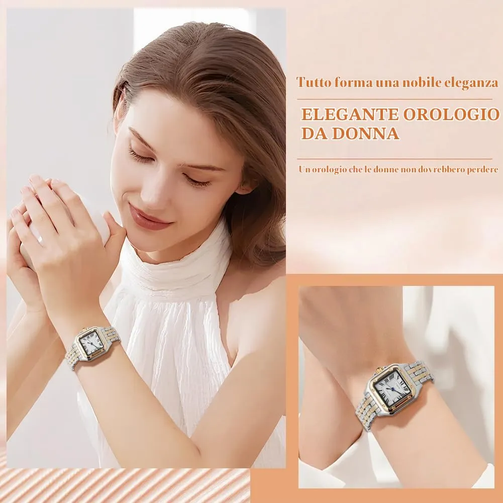 AOOSU Orologio da Donna, Orologio Donna Piccolo, Orologios Analogico al Quarzo con Cinturino in Acciaio, Cassa Rettangolare Quadrante Romano (Oro e Argento) - immagine 5