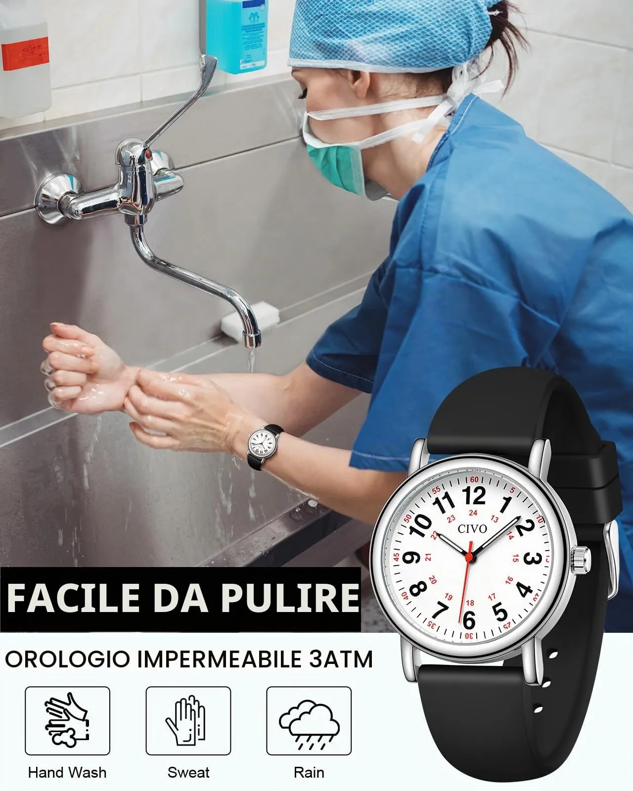 CIVO Orologio Infermiere Unisex Analogico: Orologi da Polso Impermeabile Scala 12/24 Ore con Secondi - Regalo per Donna Uomo Studente di Medicina - immagine 2