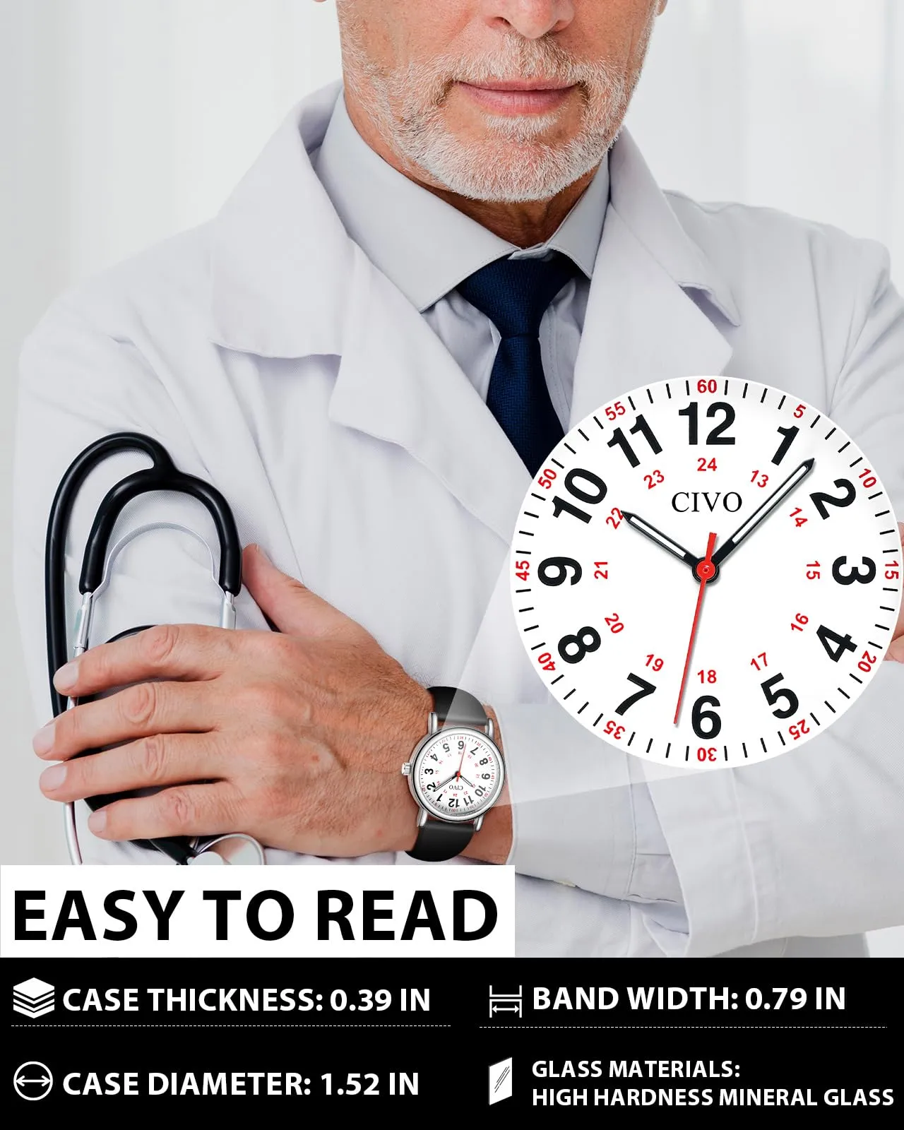 CIVO Orologio Infermiere Unisex Analogico: Orologi da Polso Impermeabile Scala 12/24 Ore con Secondi - Regalo per Donna Uomo Studente di Medicina - immagine 3