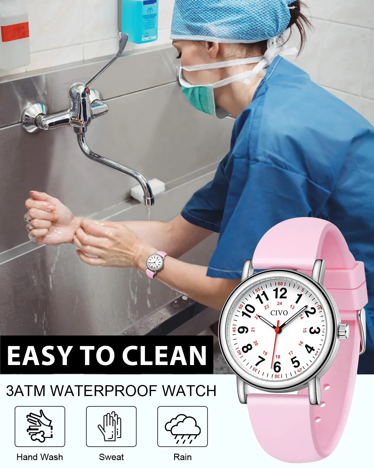 CIVO Orologio Donna Infermiere Analogico: Impermeabile Scala 12/24 Ore con Secondi - Orologi da Polso Quarzo Luminoso - Regalo per Studente di Medicina - immagine 2