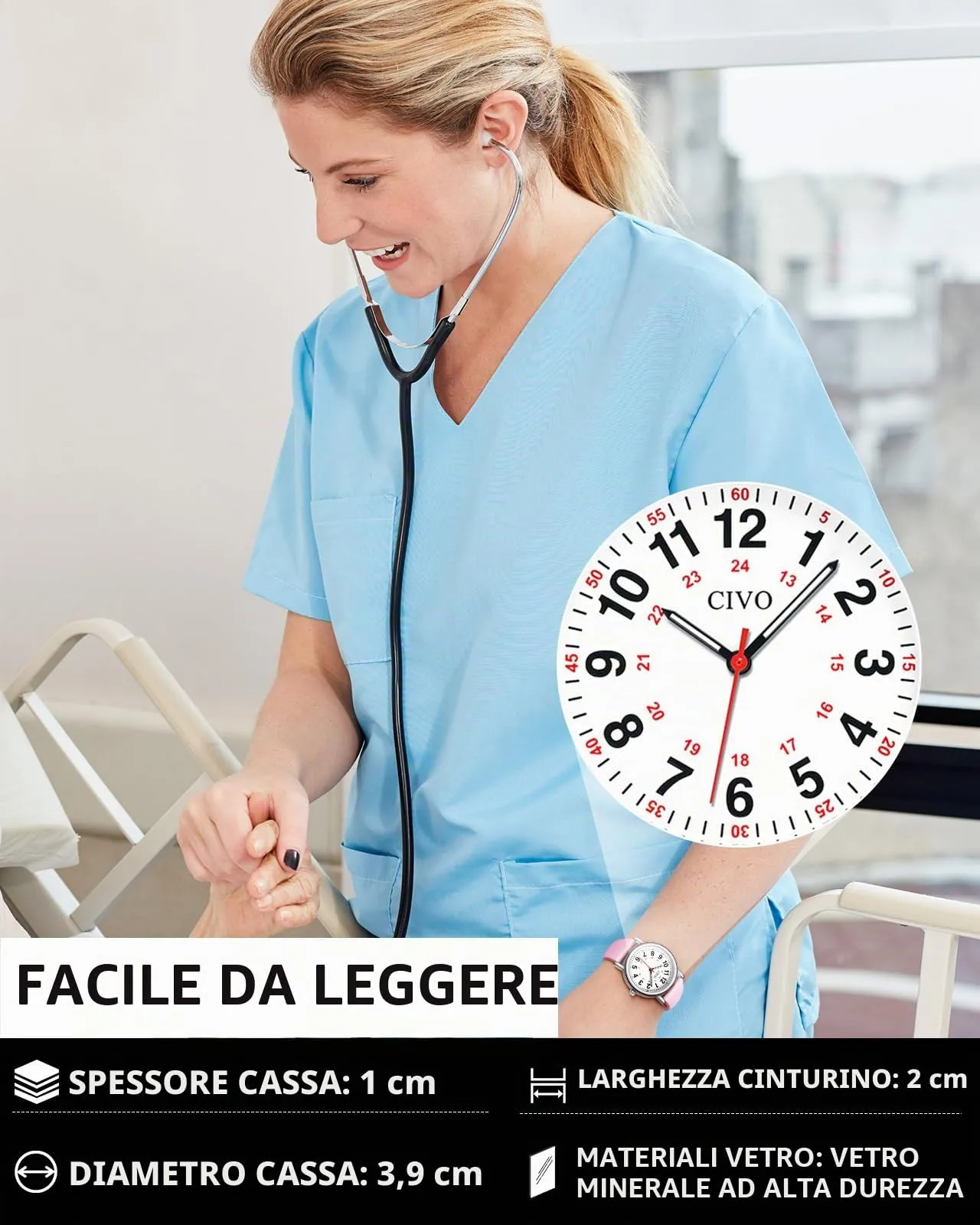 CIVO Orologio Donna Infermiere Analogico: Impermeabile Scala 12/24 Ore con Secondi - Orologi da Polso Quarzo Luminoso - Regalo per Studente di Medicina - immagine 3