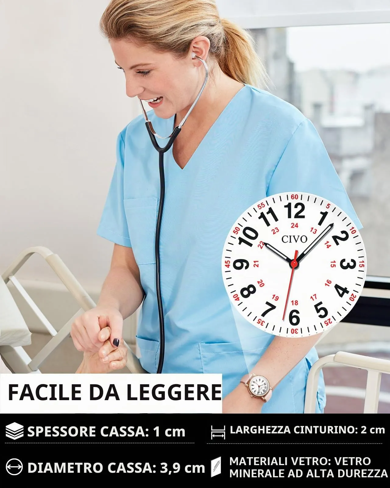CIVO Orologio Infermiere Donna Analogico: Impermeabile Orologi da Polso Quarzo con Quadrante di Facile Lettura - Regalo per Studente di Medicina - immagine 3