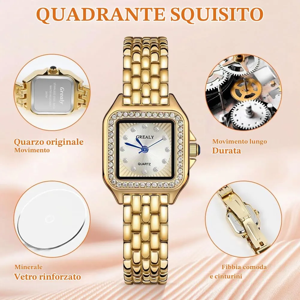 AOOSU Orologio da Donna, Orologio Donna Piccolo, Orologios Analogico al Quarzo con Cinturino in Acciaio, Cassa Rettangolare Quadrante Romano (Oro) - immagine 3
