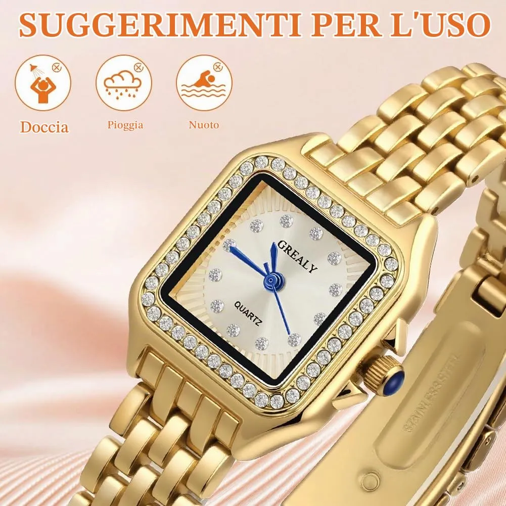 AOOSU Orologio da Donna, Orologio Donna Piccolo, Orologios Analogico al Quarzo con Cinturino in Acciaio, Cassa Rettangolare Quadrante Romano (Oro) - immagine 4