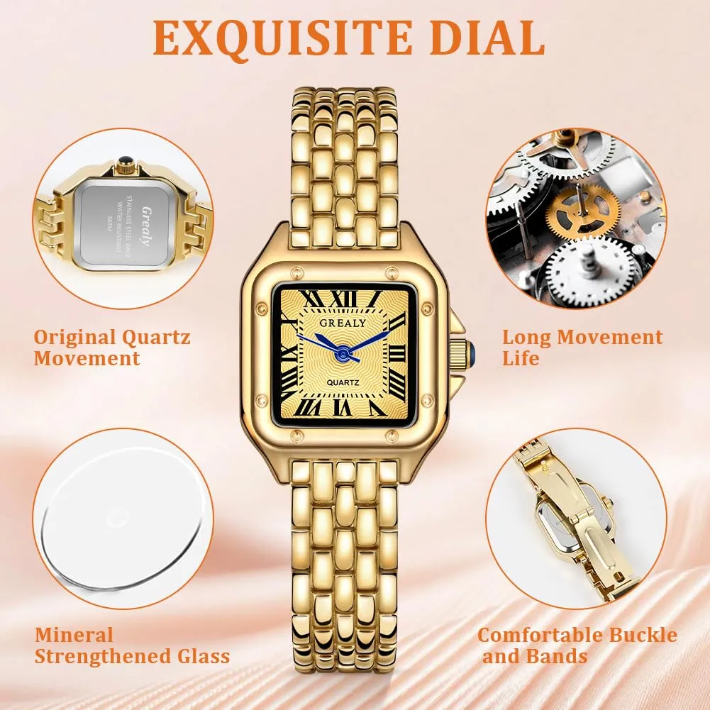 AOOSU Orologio da Donna, Orologio Donna Piccolo, Orologios Analogico al Quarzo con Cinturino in Acciaio, Cassa Rettangolare Quadrante Romano (Oro) - immagine 4