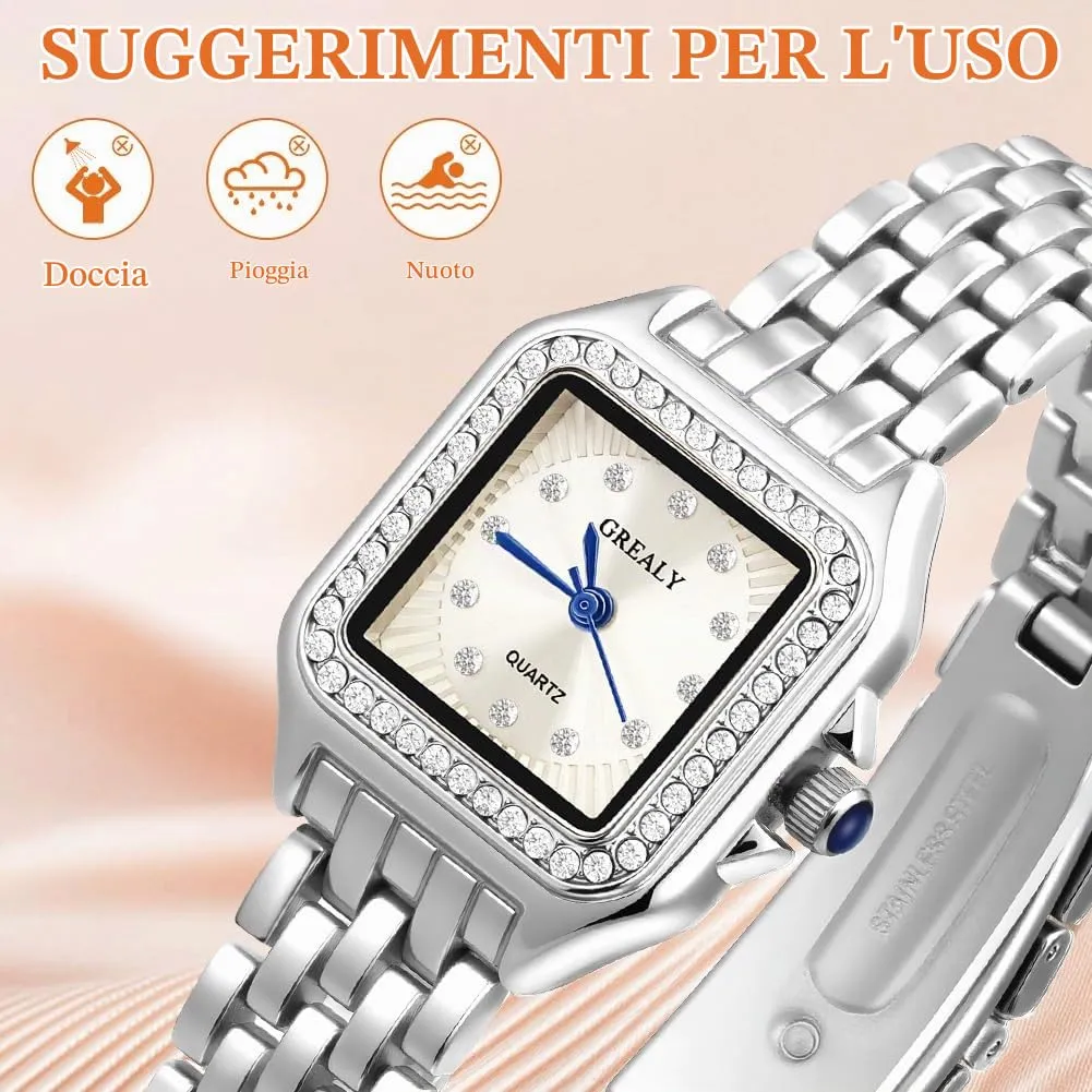 AOOSU Orologio da Donna, Orologio Donna Piccolo, Orologios Analogico al Quarzo con Cinturino in Acciaio, Cassa Rettangolare Quadrante Romano (Argento) - immagine 4