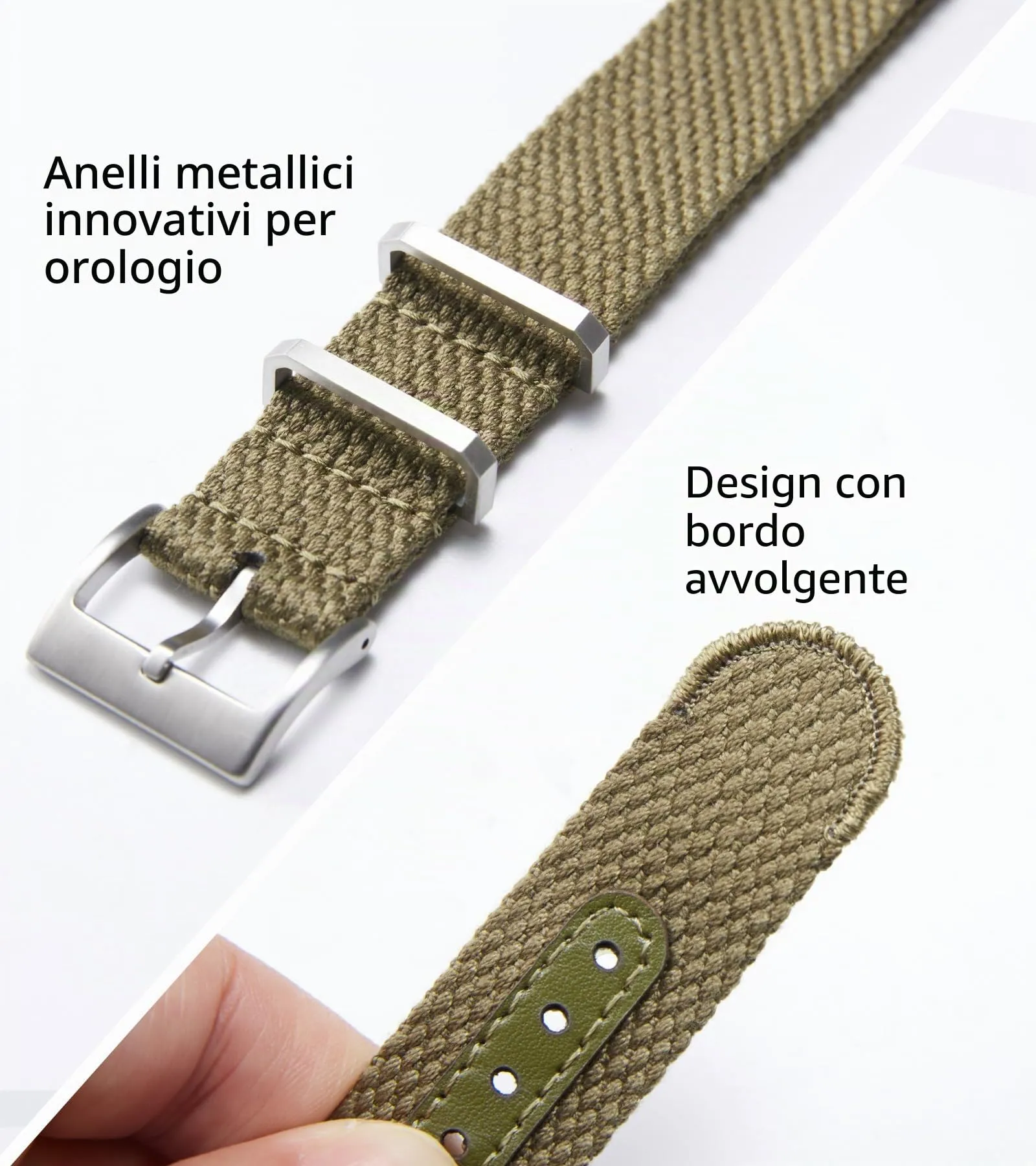 BINLUN Cinturino per Orologio in Nylon 18mm 20mm 22mm 24mm Monoblocco Extra Lungo Canvas Orologio Militare Cotone e Lino Cinturini di Ricambio con Fibbia in Acciaio Inossidabile(20mm,Verde Militare) - immagine 2