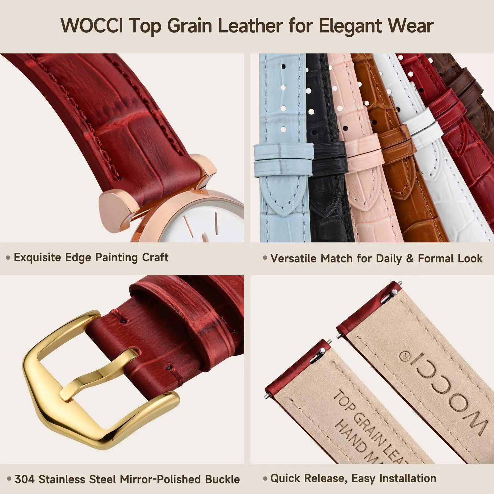 WOCCI 18mm Cinturino Orologio in Pelle da Donna, Grana di Alligatore Goffrata, Pelle Fiore Superiore, Sgancio Rapido, Fibbia Oro (Rosso Rubino) - immagine 4
