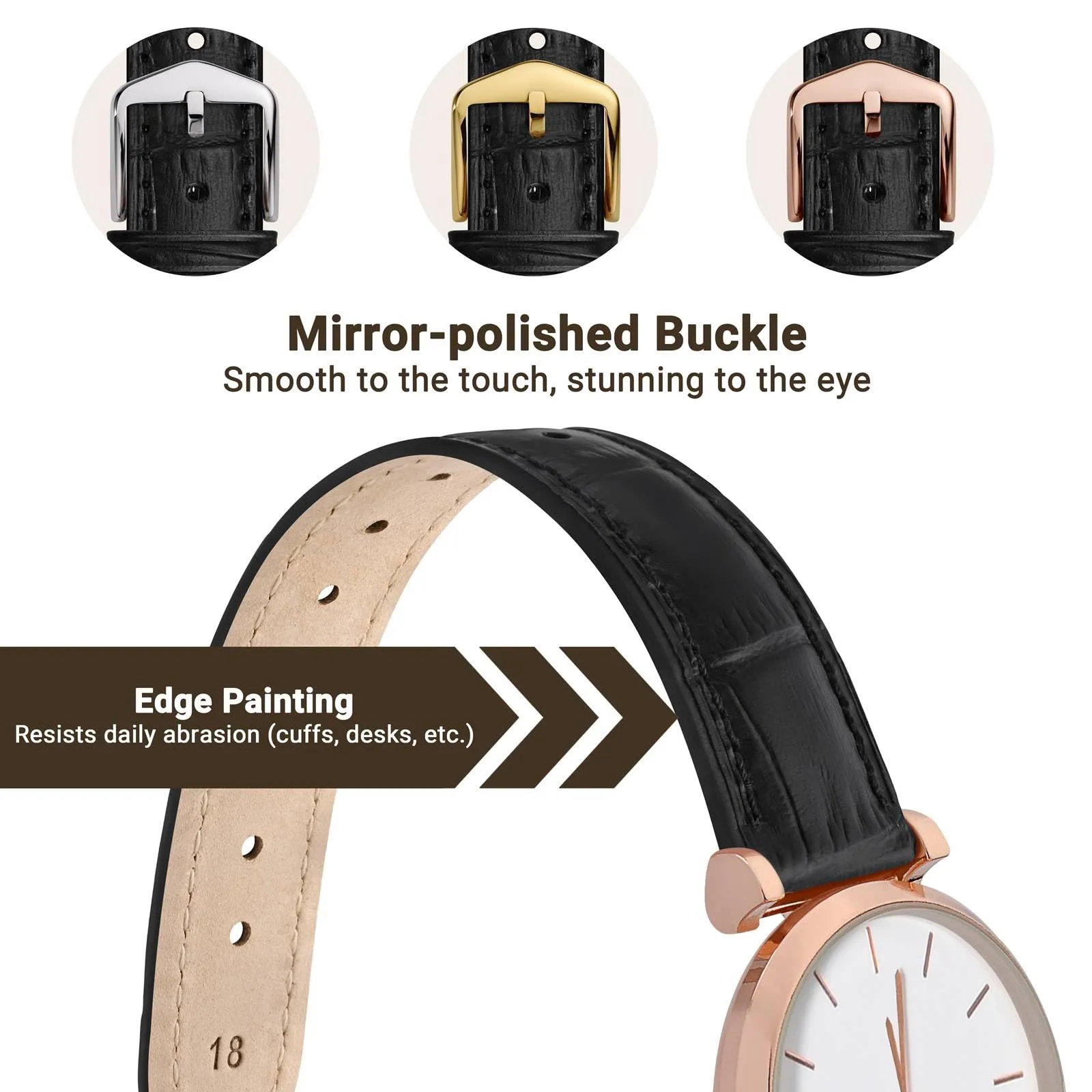 WOCCI 12mm Cinturino Orologio in Pelle da Donna, Grana di Alligatore Goffrata, Pelle Fiore Superiore, Sgancio Rapido, Fibbia Oro Rosa (Nero) - immagine 3
