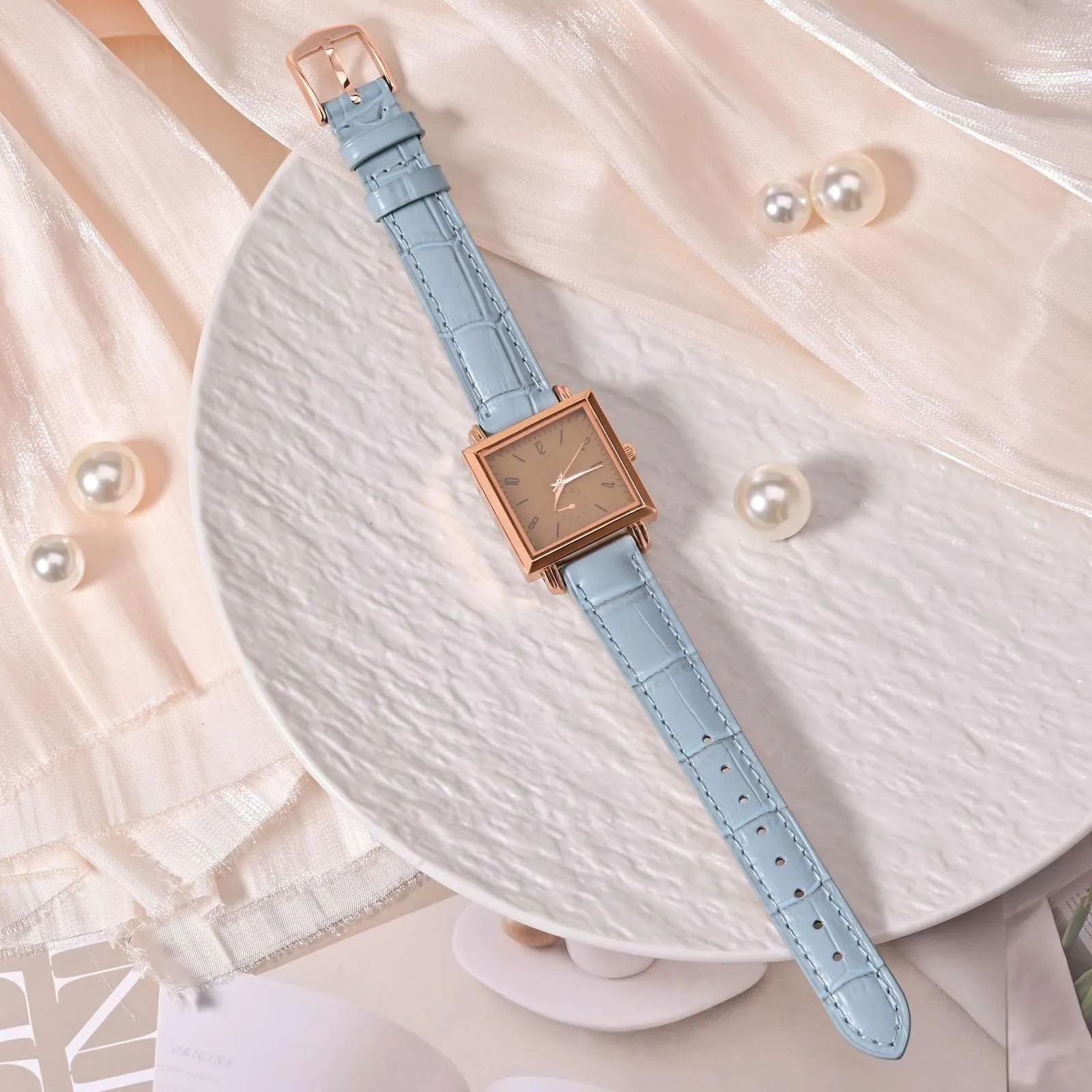 WOCCI 14mm Cinturino Orologio in Pelle da Donna, Grana di Alligatore Goffrata, Pelle Fiore Superiore, Sgancio Rapido, Fibbia Oro Rosa (Blu Chiaro) - immagine 2