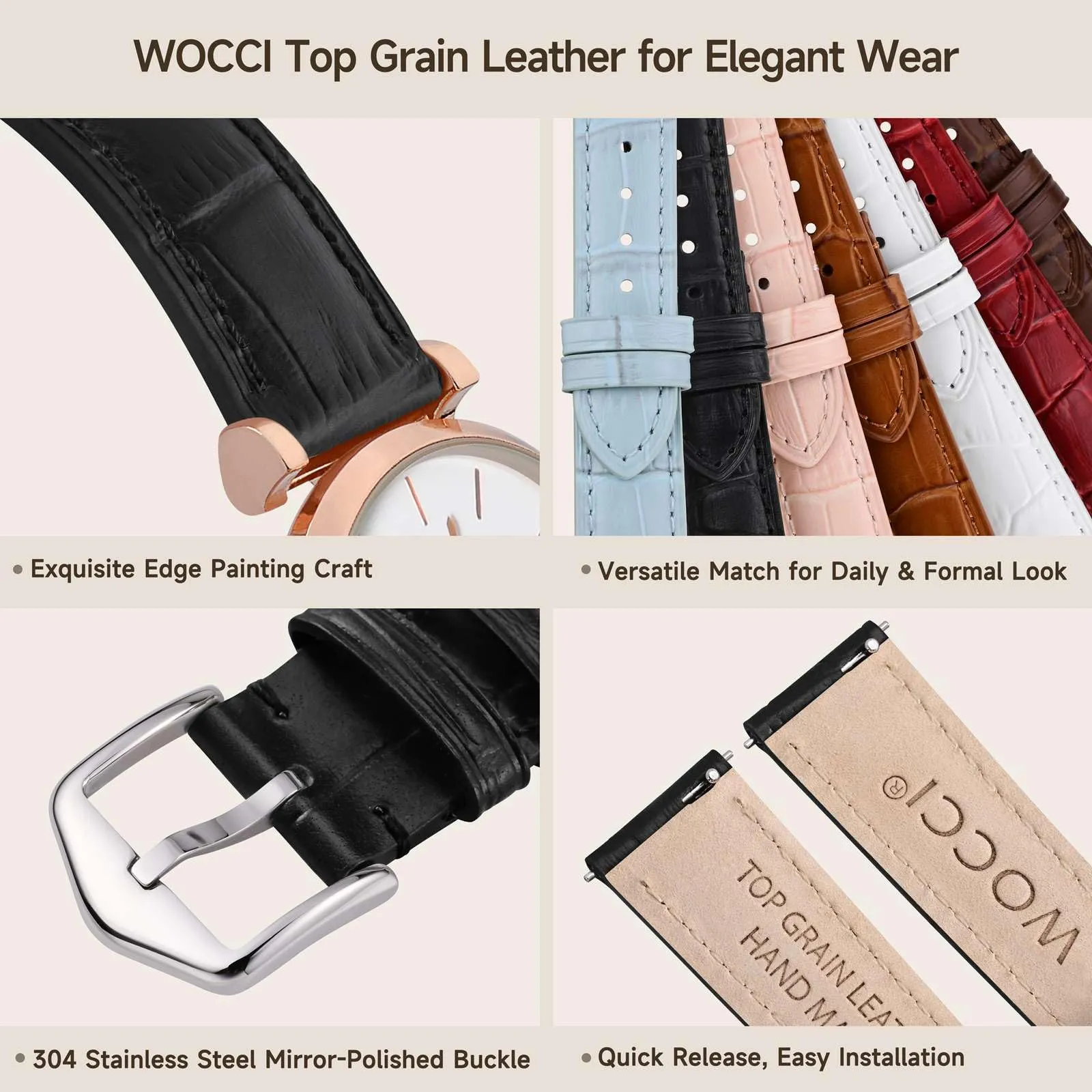 WOCCI 12mm Cinturino Orologio in Pelle da Donna, Grana di Alligatore Goffrata, Pelle Fiore Superiore, Sgancio Rapido, Fibbia Argento (Nero) - immagine 4