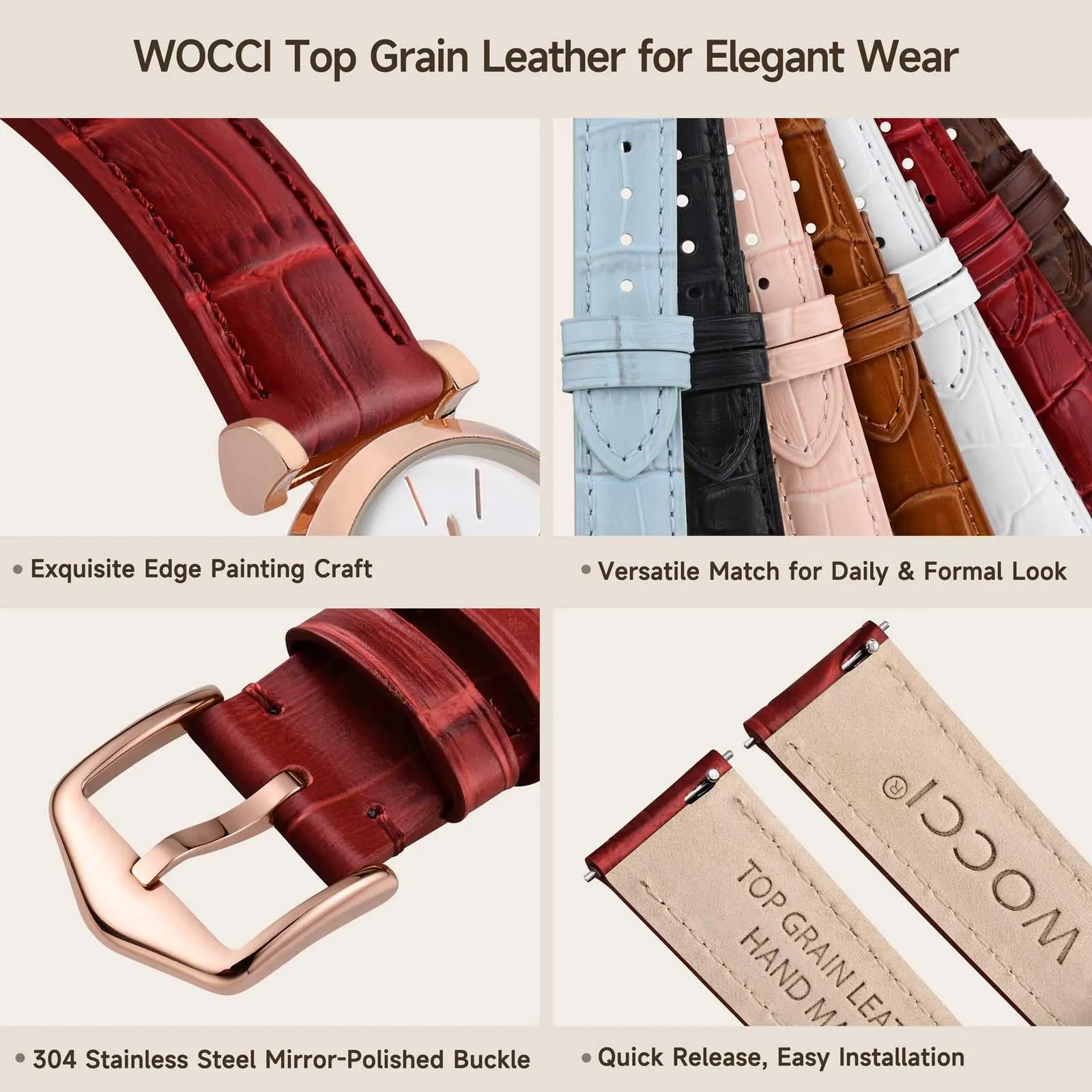 WOCCI 18mm Cinturino Orologio in Pelle da Donna, Grana di Alligatore Goffrata, Pelle Fiore Superiore, Sgancio Rapido, Fibbia Oro Rosa (Rosso Rubino) - immagine 4