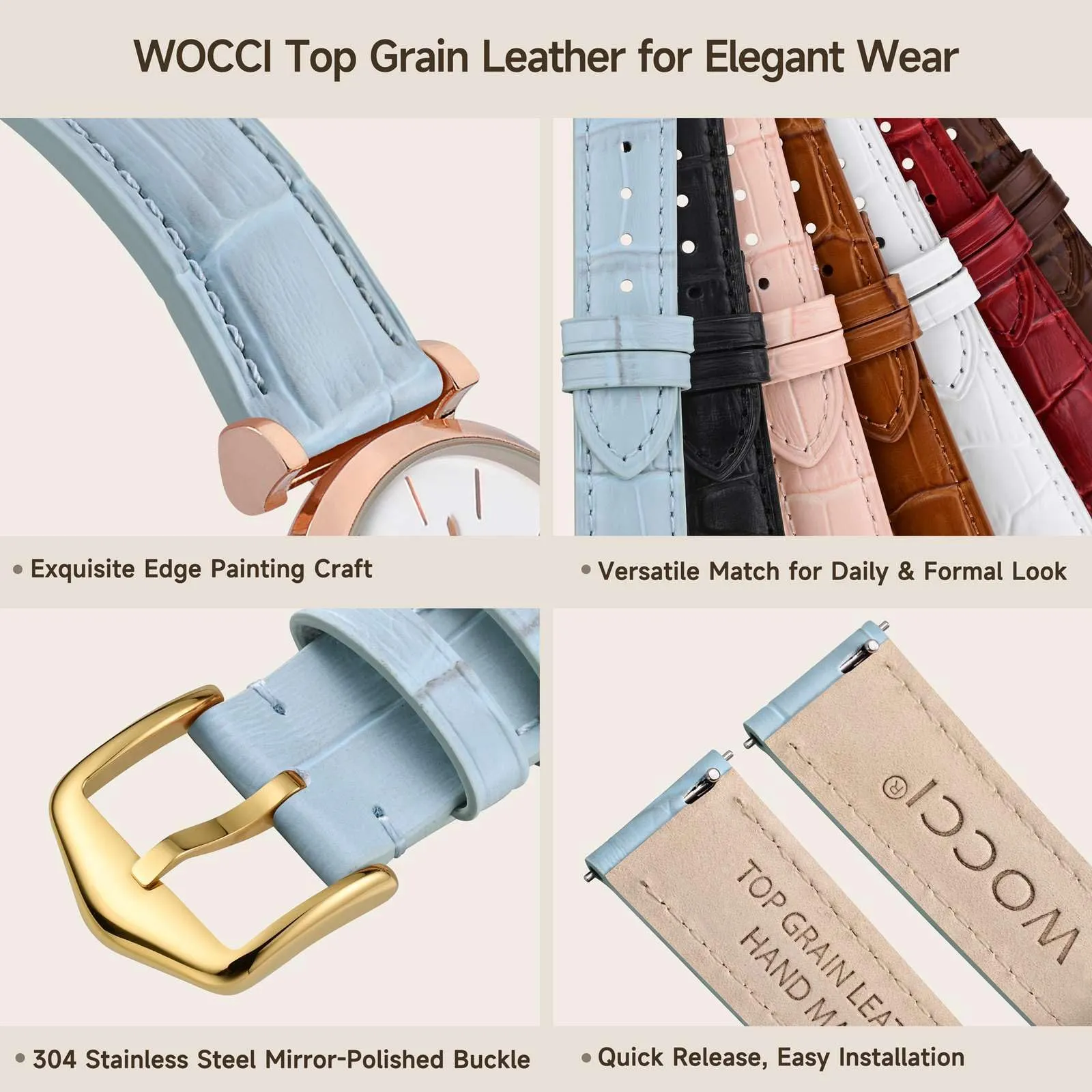 WOCCI 18mm Cinturino Orologio in Pelle da Donna, Grana di Alligatore Goffrata, Pelle Fiore Superiore, Sgancio Rapido, Fibbia Oro (Blu Chiaro) - immagine 4