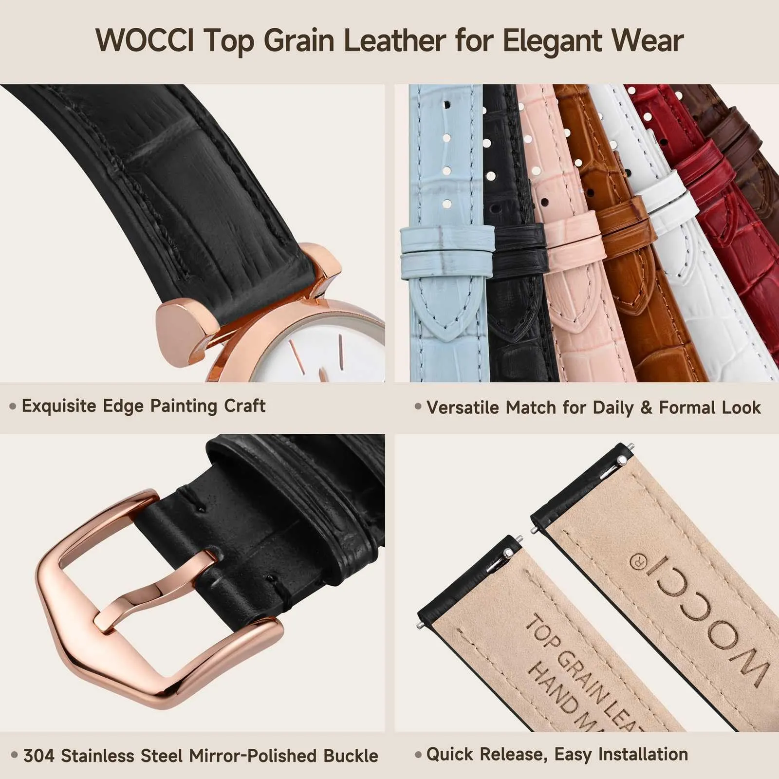 WOCCI 20mm Cinturino Orologio in Pelle da Donna, Grana di Alligatore Goffrata, Pelle Fiore Superiore, Sgancio Rapido, Fibbia Oro Rosa (Nero) - immagine 4
