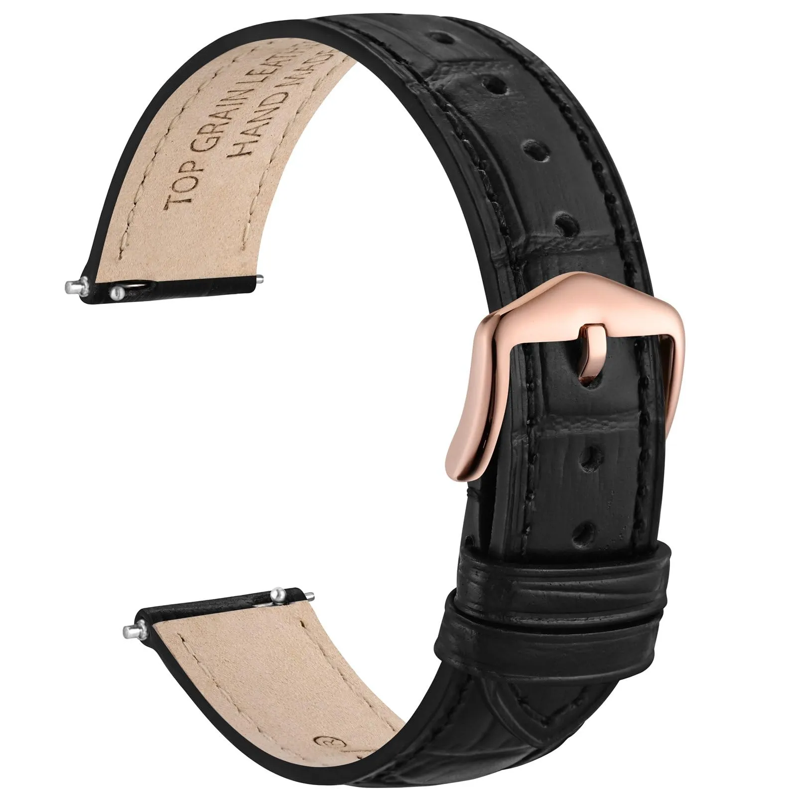 WOCCI 18mm Cinturino Orologio in Pelle da Donna, Grana di Alligatore Goffrata, Pelle Fiore Superiore, Sgancio Rapido, Fibbia Oro Rosa (Nero) - immagine 1