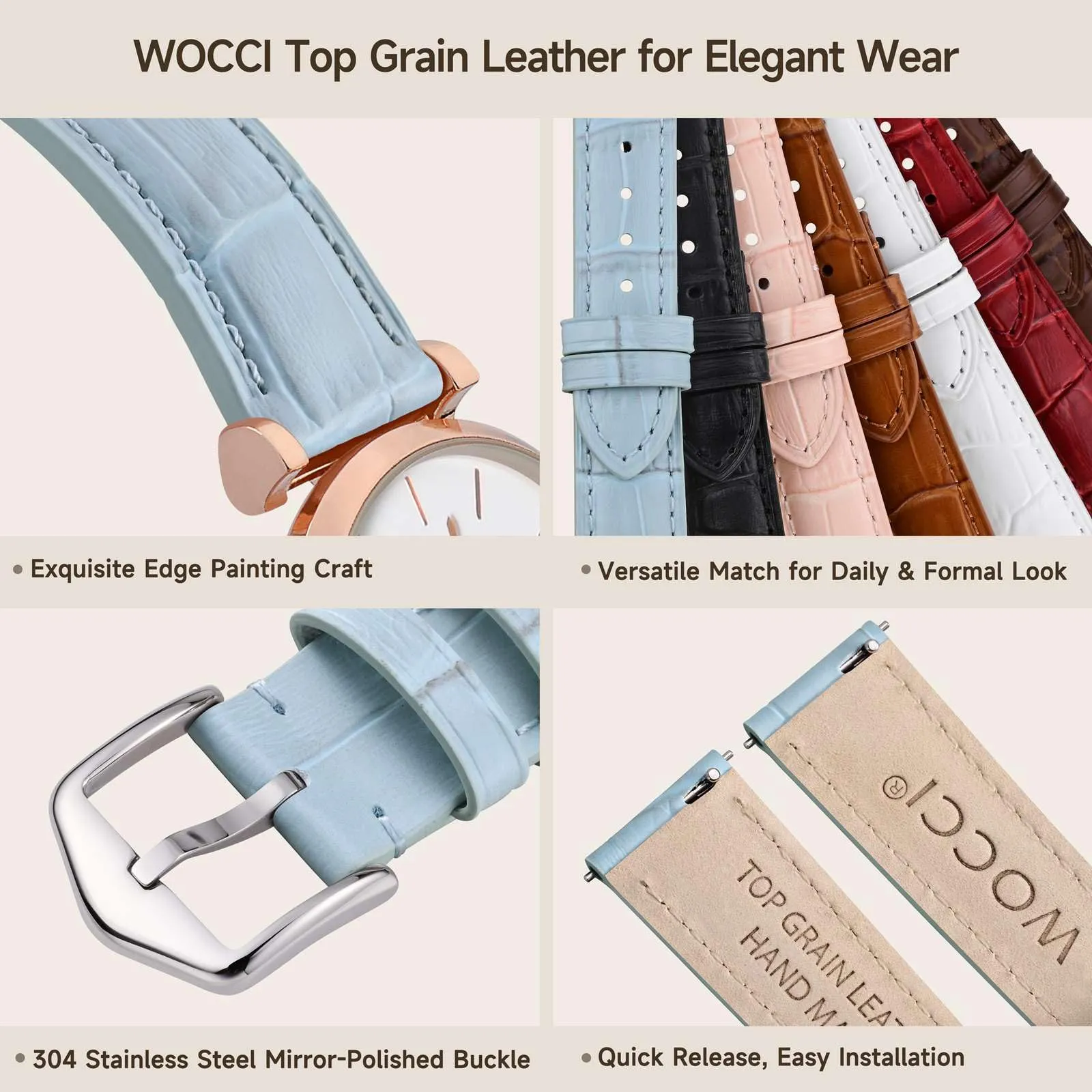 WOCCI 12mm Cinturino Orologio in Pelle da Donna, Grana di Alligatore Goffrata, Pelle Fiore Superiore, Sgancio Rapido, Fibbia Argento (Blu Chiaro) - immagine 4