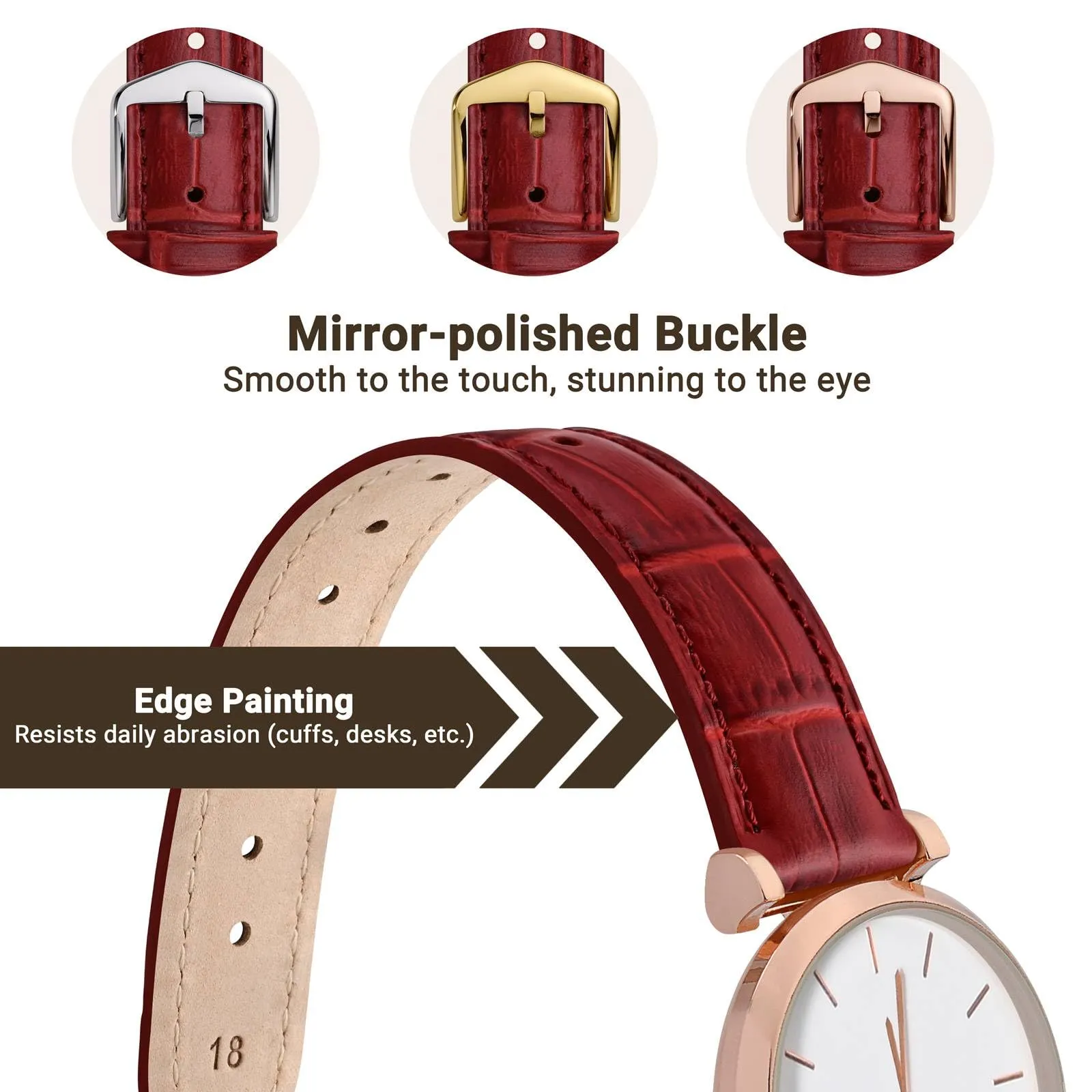 WOCCI 12mm Cinturino Orologio in Pelle da Donna, Grana di Alligatore Goffrata, Pelle Fiore Superiore, Sgancio Rapido, Fibbia Oro Rosa (Rosso Rubino) - immagine 3