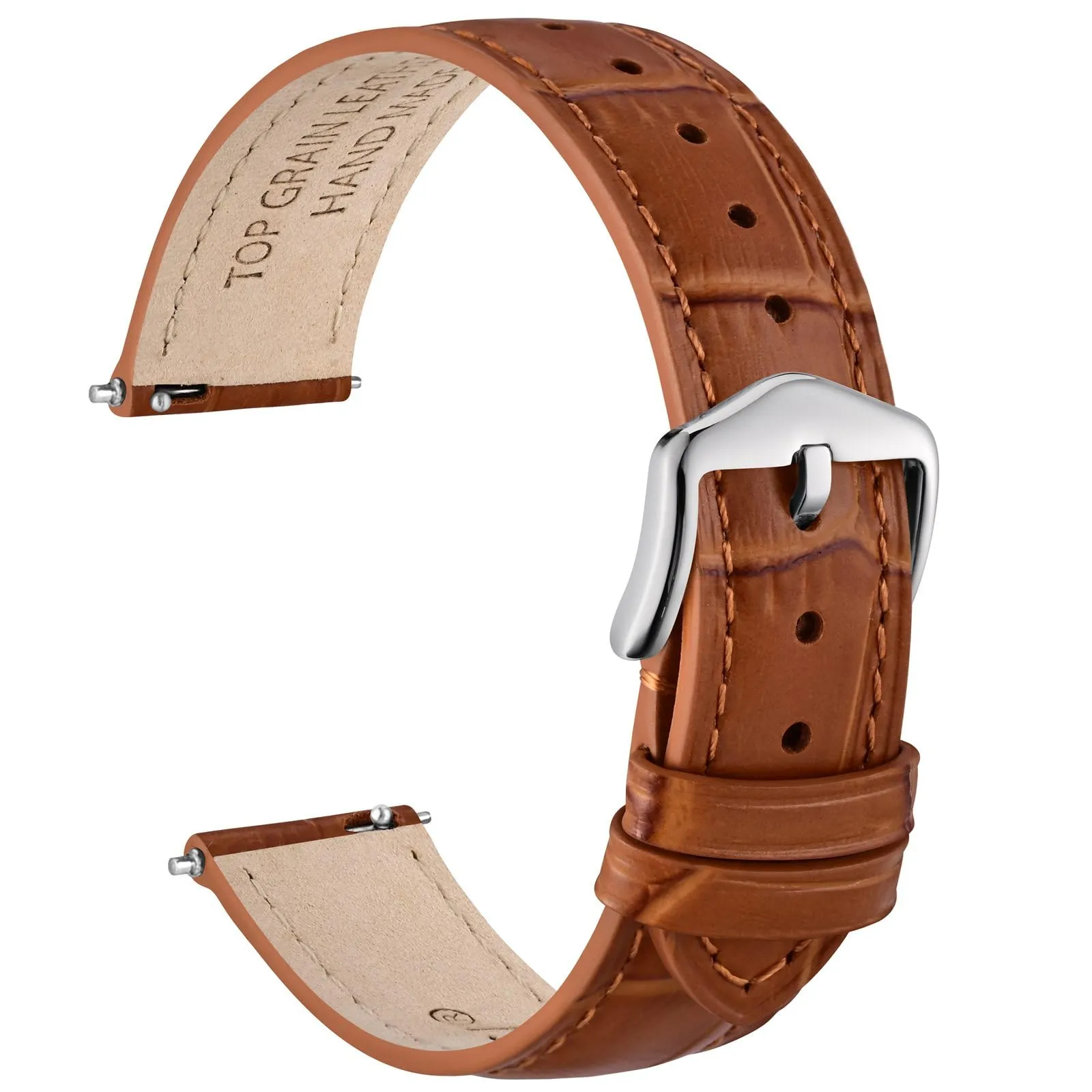 WOCCI 20mm Cinturino Orologio in Pelle da Donna, Grana di Alligatore Goffrata, Pelle Fiore Superiore, Sgancio Rapido, Fibbia Argento (Marrone Caramello) - immagine 1