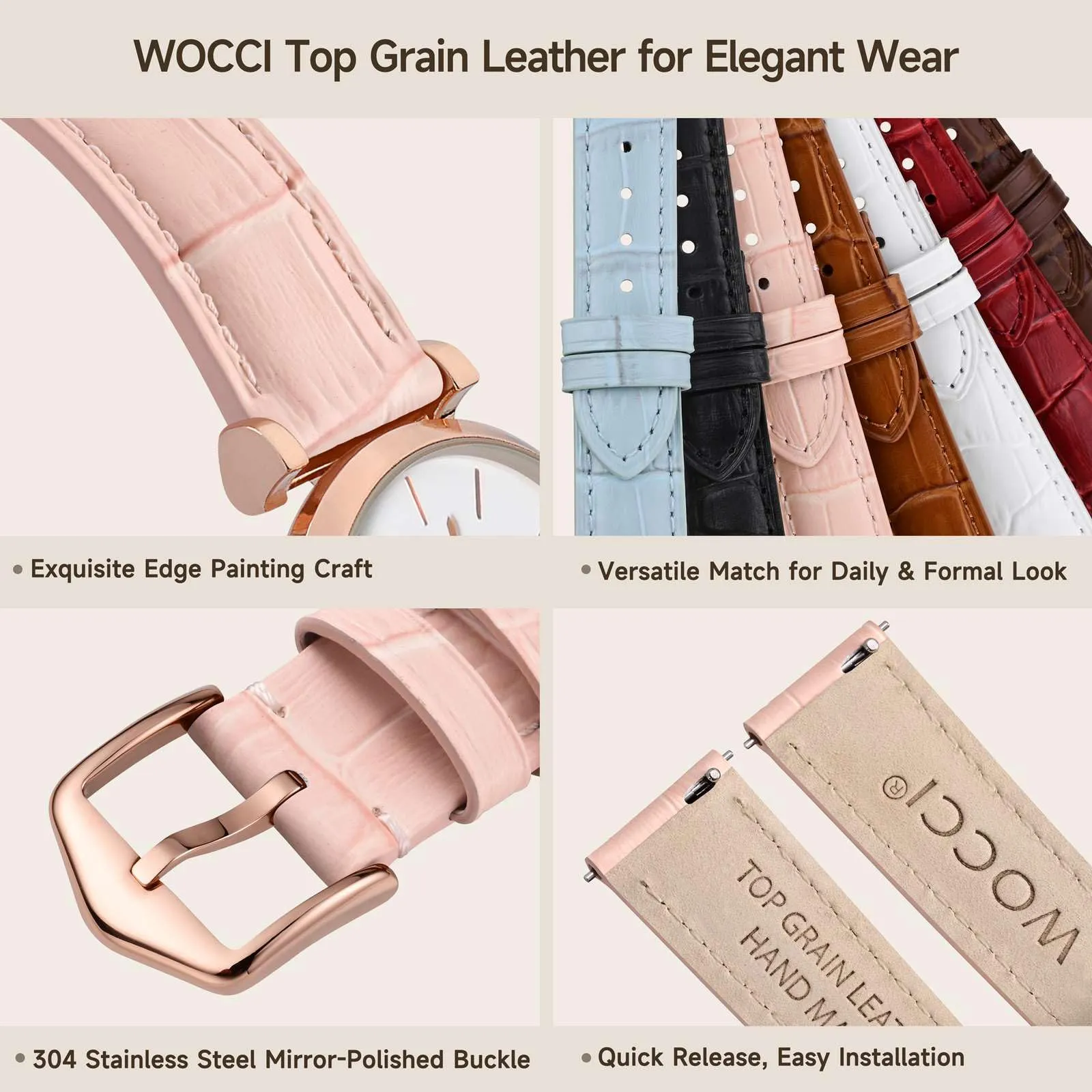 WOCCI 18mm Cinturino Orologio in Pelle da Donna, Grana di Alligatore Goffrata, Pelle Fiore Superiore, Sgancio Rapido, Fibbia Oro Rosa (Rosa Chiaro) - immagine 4