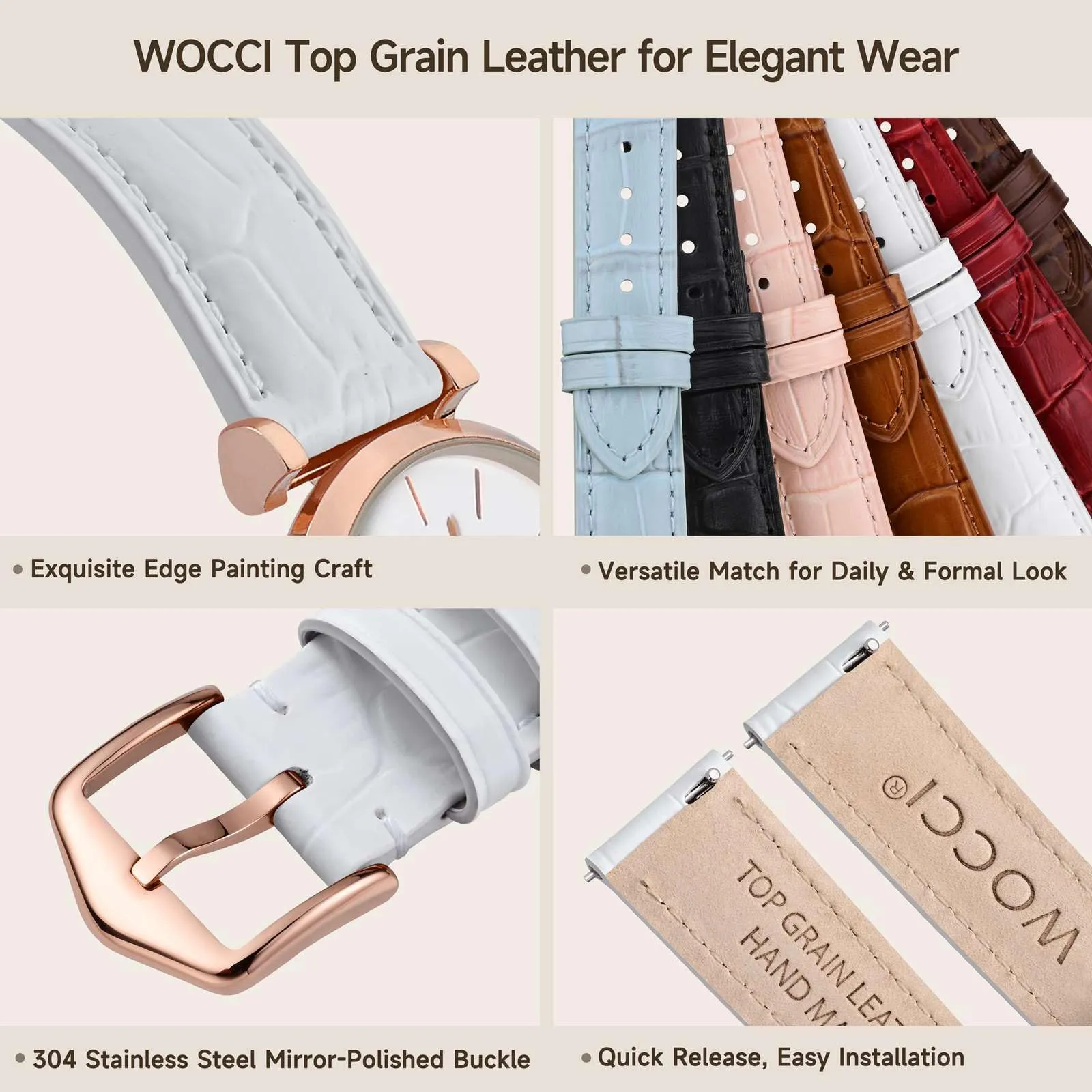 WOCCI 20mm Cinturino Orologio in Pelle da Donna, Grana di Alligatore Goffrata, Pelle Fiore Superiore, Sgancio Rapido, Fibbia Oro Rosa (Bianco) - immagine 4