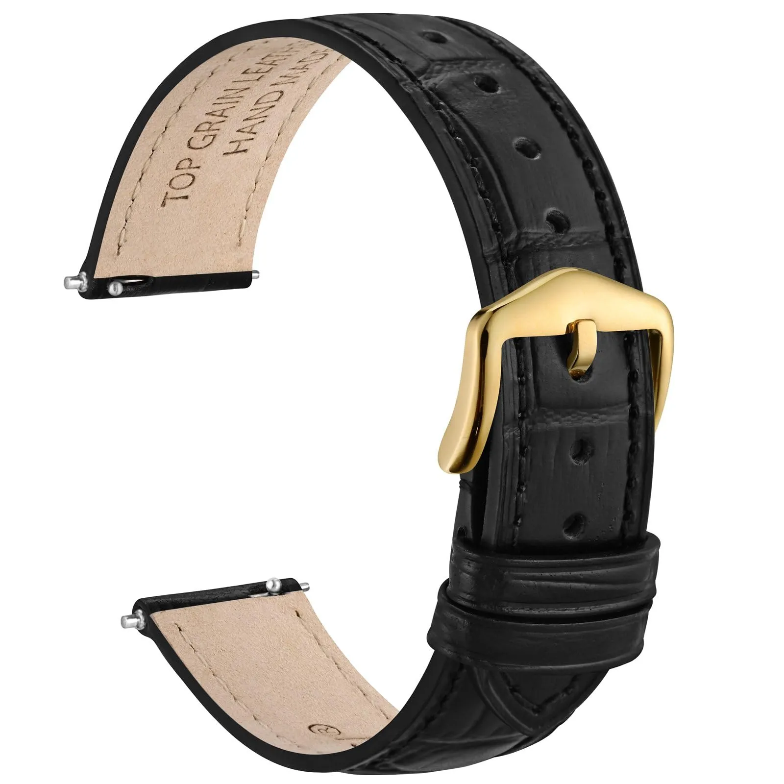 WOCCI 16mm Cinturino Orologio in Pelle da Donna, Grana di Alligatore Goffrata, Pelle Fiore Superiore, Sgancio Rapido, Fibbia Oro (Nero) - immagine 1