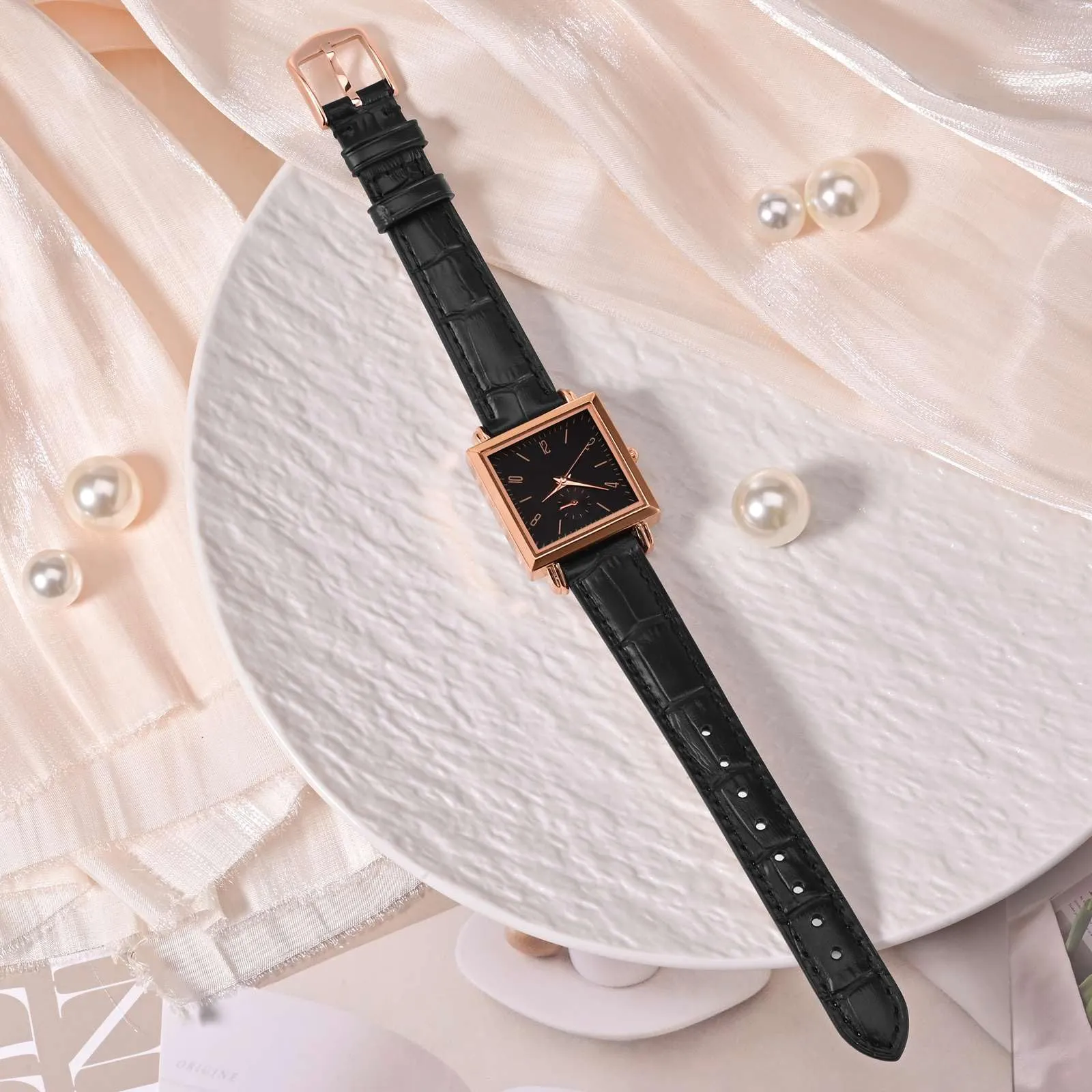 WOCCI 16mm Cinturino Orologio in Pelle da Donna, Grana di Alligatore Goffrata, Pelle Fiore Superiore, Sgancio Rapido, Fibbia Oro (Nero) - immagine 8