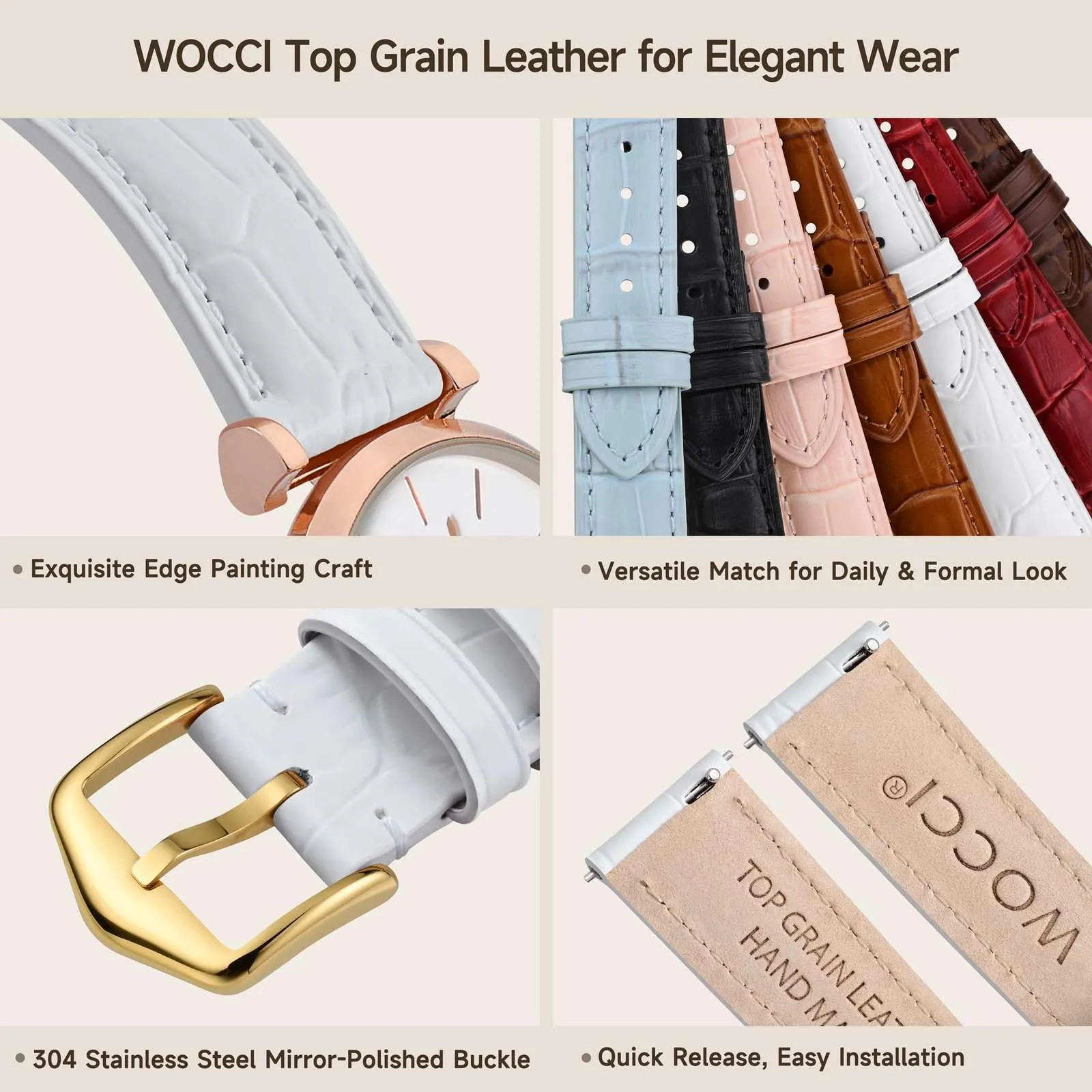 WOCCI 12mm Cinturino Orologio in Pelle da Donna, Grana di Alligatore Goffrata, Pelle Fiore Superiore, Sgancio Rapido, Fibbia Oro (Bianco) - immagine 4