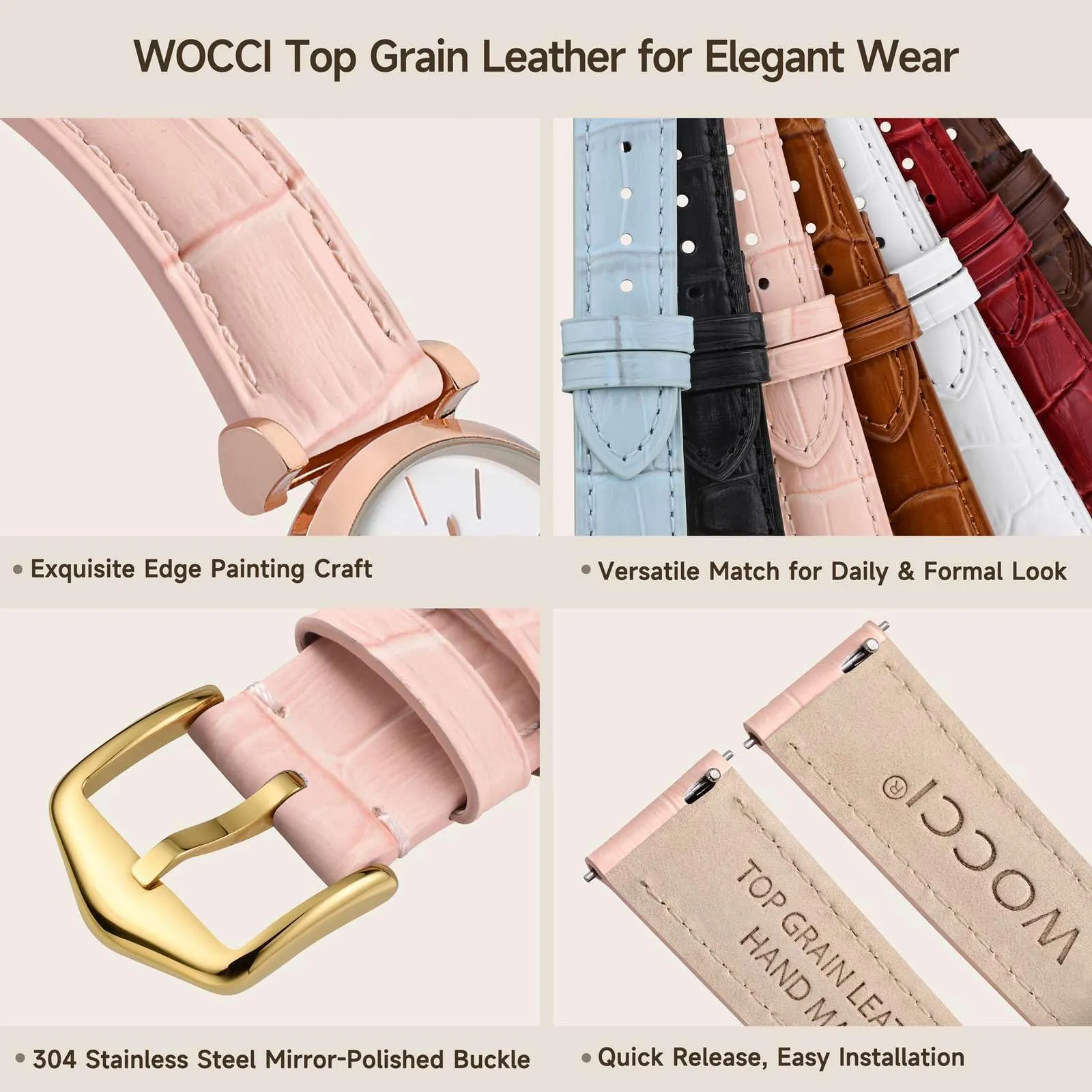 WOCCI 16mm Cinturino Orologio in Pelle da Donna, Grana di Alligatore Goffrata, Pelle Fiore Superiore, Sgancio Rapido, Fibbia Oro (Rosa Chiaro) - immagine 4