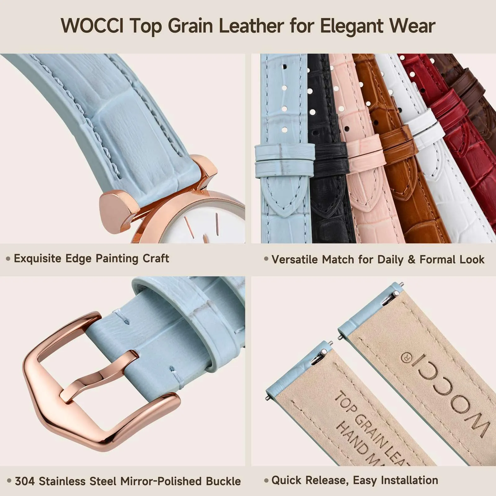 WOCCI 12mm Cinturino Orologio in Pelle da Donna, Grana di Alligatore Goffrata, Pelle Fiore Superiore, Sgancio Rapido, Fibbia Oro Rosa (Blu Chiaro) - immagine 4
