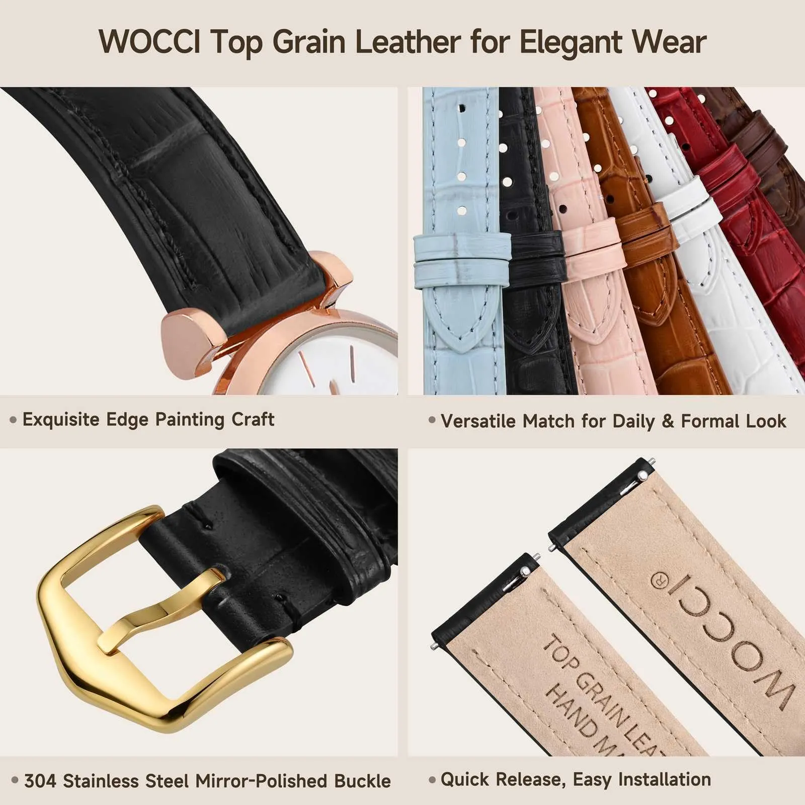 WOCCI 14mm Cinturino Orologio in Pelle da Donna, Grana di Alligatore Goffrata, Pelle Fiore Superiore, Sgancio Rapido, Fibbia Oro (Nero) - immagine 4