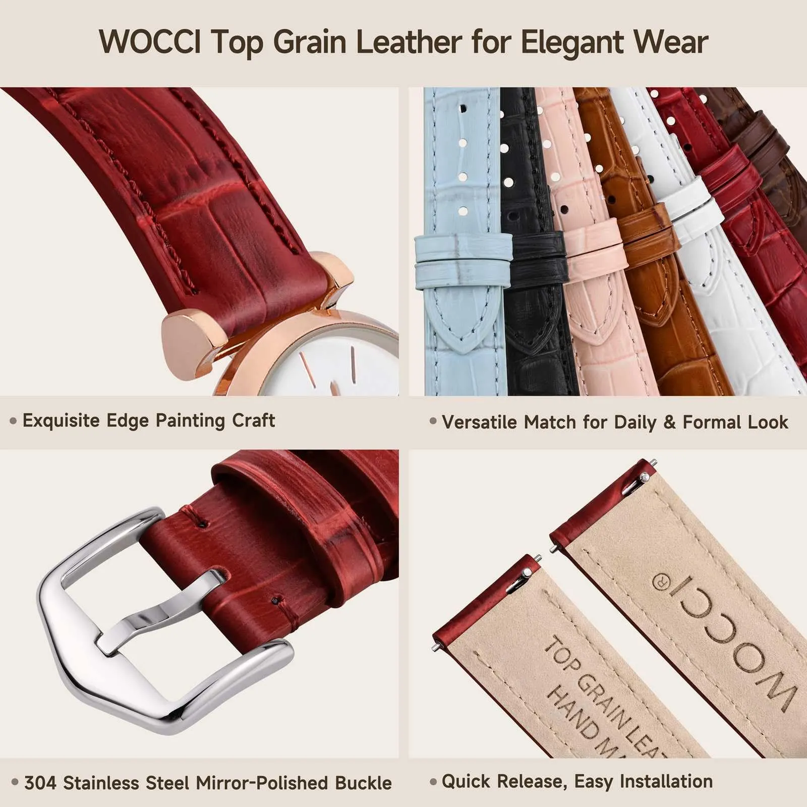WOCCI 14mm Cinturino Orologio in Pelle da Donna, Grana di Alligatore Goffrata, Pelle Fiore Superiore, Sgancio Rapido, Fibbia Argento (Rosso Rubino) - immagine 4