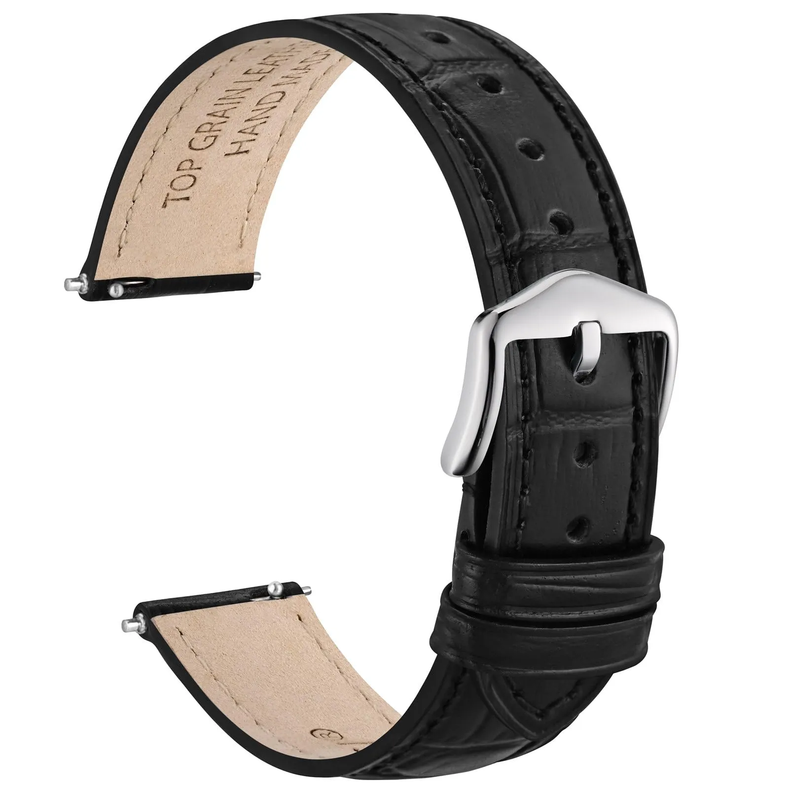 WOCCI 14mm Cinturino Orologio in Pelle da Donna, Grana di Alligatore Goffrata, Pelle Fiore Superiore, Sgancio Rapido, Fibbia Argento (Nero) - immagine 1