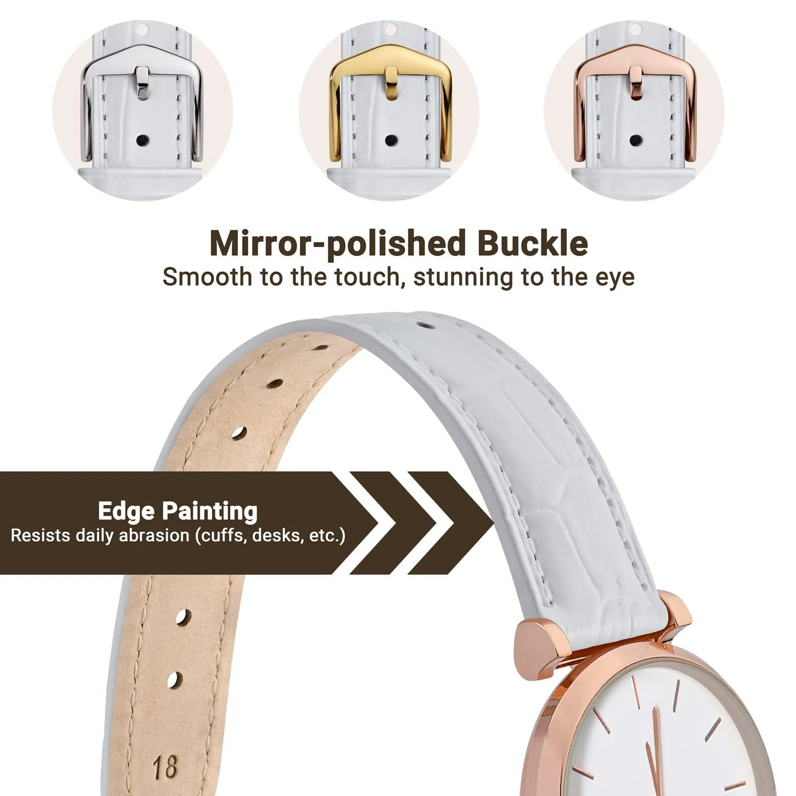 WOCCI 16mm Cinturino Orologio in Pelle da Donna, Grana di Alligatore Goffrata, Pelle Fiore Superiore, Sgancio Rapido, Fibbia Oro Rosa (Bianco) - immagine 3