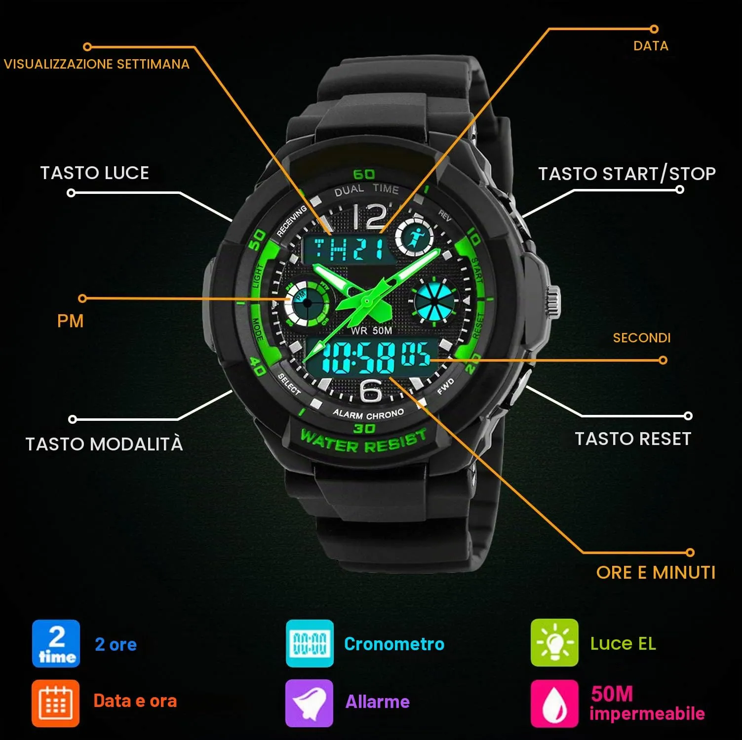 VDSOW Digitale orologi per bambini ragazzi - 50 m impermeabile sport all' aria aperta orologio analogico con allarme/timer/Dual Time zone/LED, per bambini da polso resistente agli urti per Junio - immagine 2