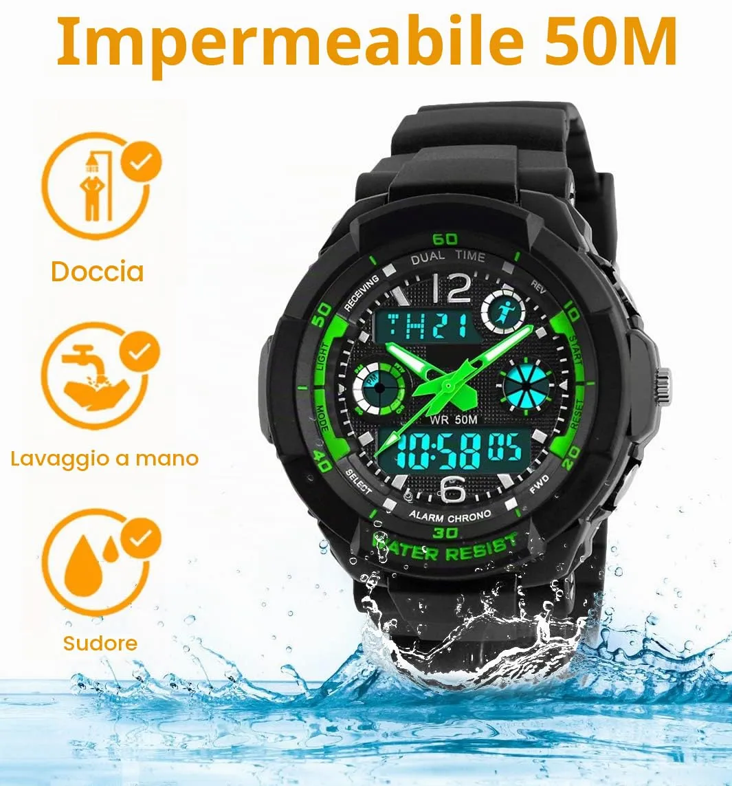 VDSOW Digitale orologi per bambini ragazzi - 50 m impermeabile sport all' aria aperta orologio analogico con allarme/timer/Dual Time zone/LED, per bambini da polso resistente agli urti per Junio - immagine 4