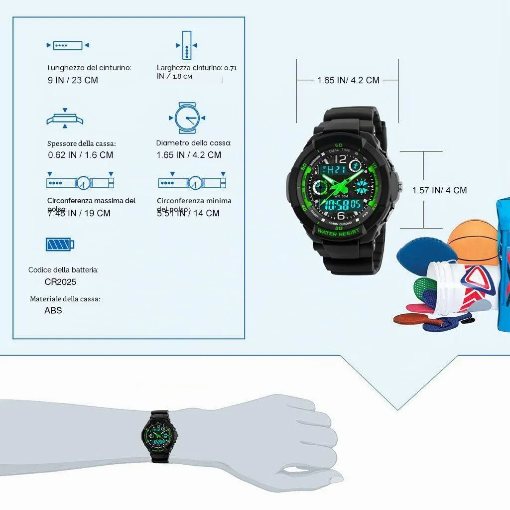 VDSOW Digitale orologi per bambini ragazzi - 50 m impermeabile sport all' aria aperta orologio analogico con allarme/timer/Dual Time zone/LED, per bambini da polso resistente agli urti per Junio - immagine 5