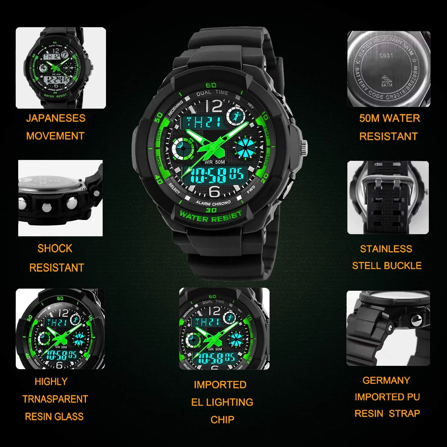 VDSOW Digitale orologi per bambini ragazzi - 50 m impermeabile sport all' aria aperta orologio analogico con allarme/timer/Dual Time zone/LED, per bambini da polso resistente agli urti per Junio - immagine 6