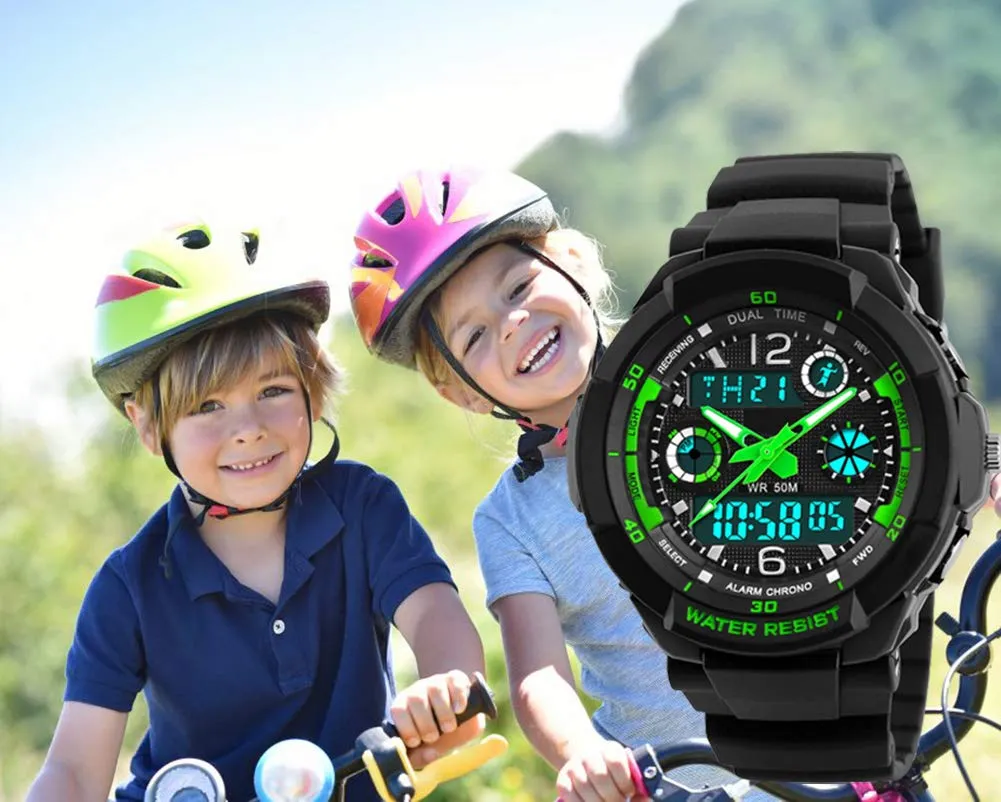 VDSOW Digitale orologi per bambini ragazzi - 50 m impermeabile sport all' aria aperta orologio analogico con allarme/timer/Dual Time zone/LED, per bambini da polso resistente agli urti per Junio - immagine 7