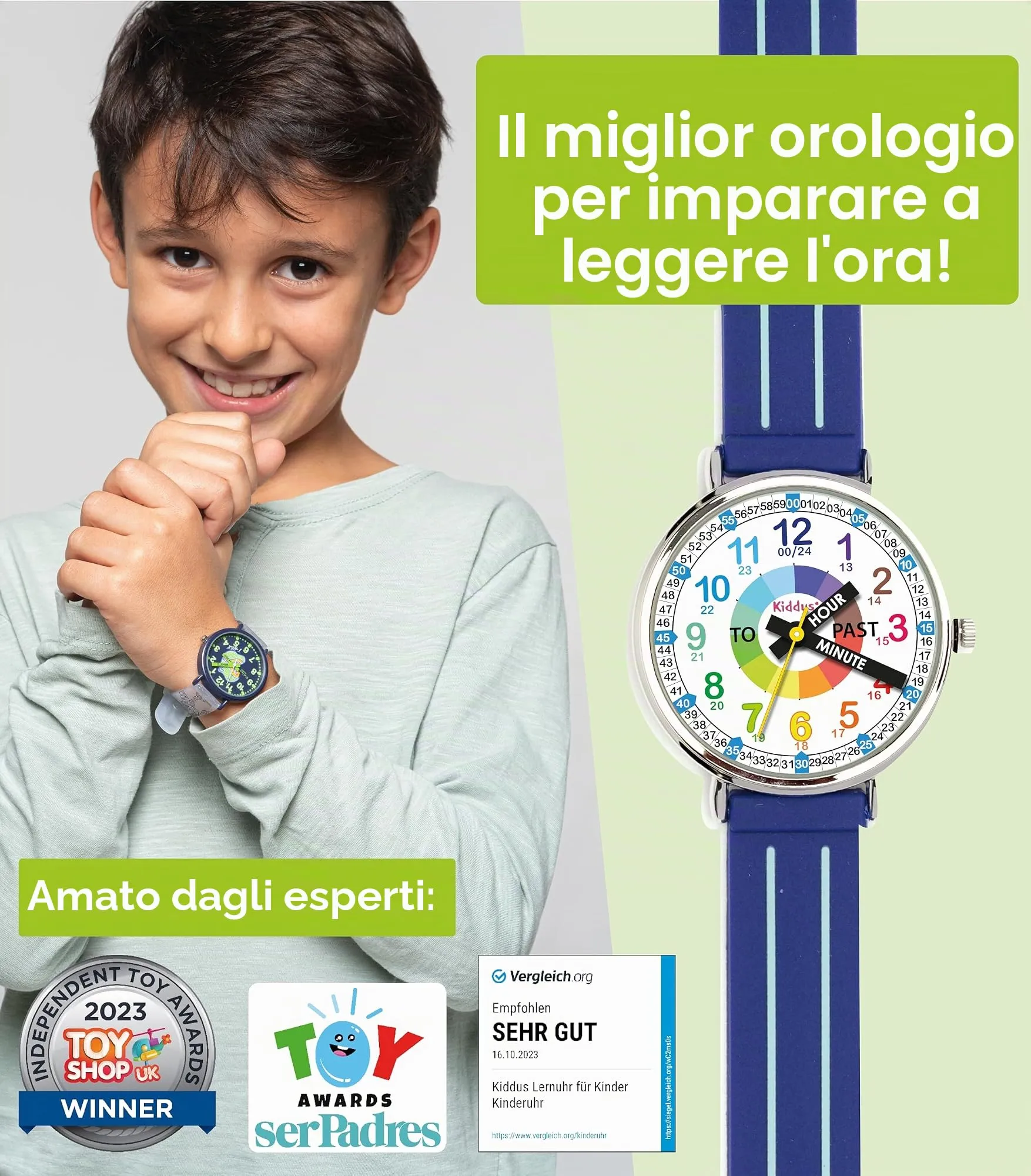 Kiddus Orologio Educativo per Bambino e Bambina dai 5 ai 10 Anni, Orologio Analogico Didattico per Imparare l'Ora, Movimento Giapponese - immagine 2