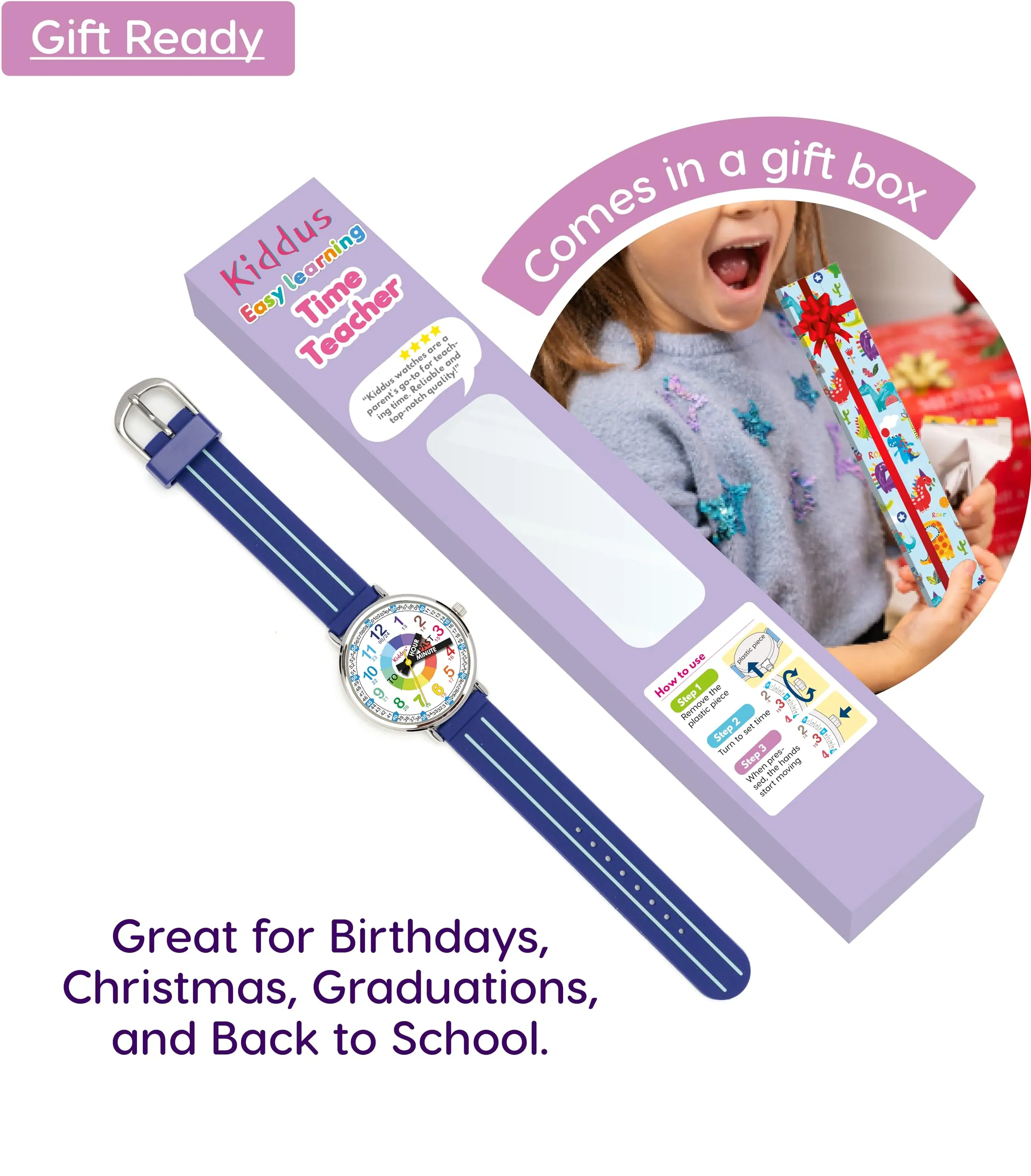 Kiddus Orologio Educativo per Bambino e Bambina dai 5 ai 10 Anni, Orologio Analogico Didattico per Imparare l'Ora, Movimento Giapponese - immagine 3