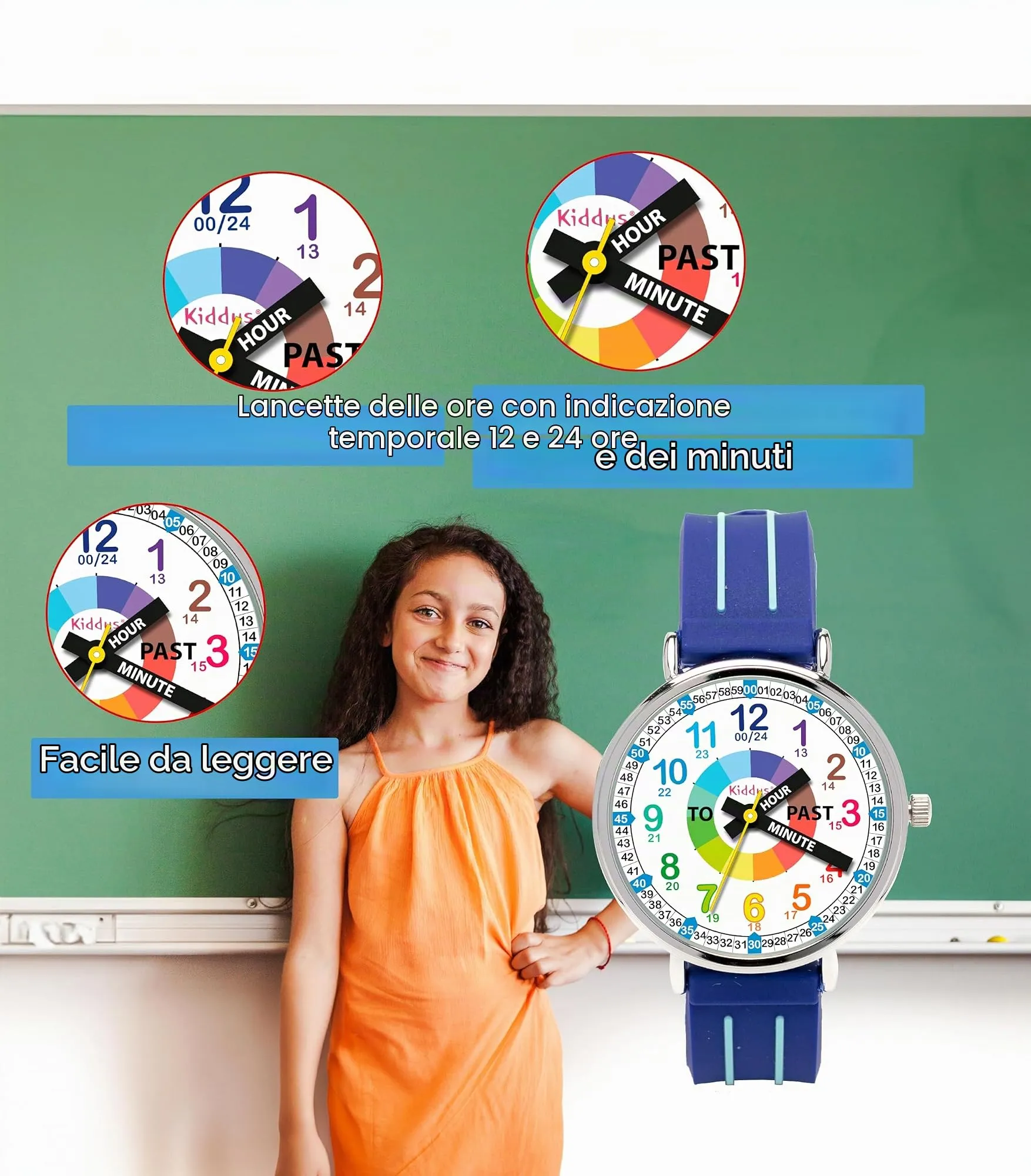 Kiddus Orologio Educativo per Bambino e Bambina dai 5 ai 10 Anni, Orologio Analogico Didattico per Imparare l'Ora, Movimento Giapponese - immagine 4