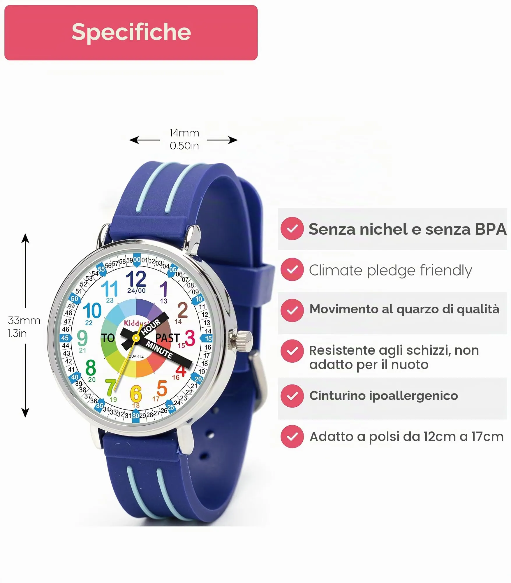 Kiddus Orologio Educativo per Bambino e Bambina dai 5 ai 10 Anni, Orologio Analogico Didattico per Imparare l'Ora, Movimento Giapponese - immagine 6